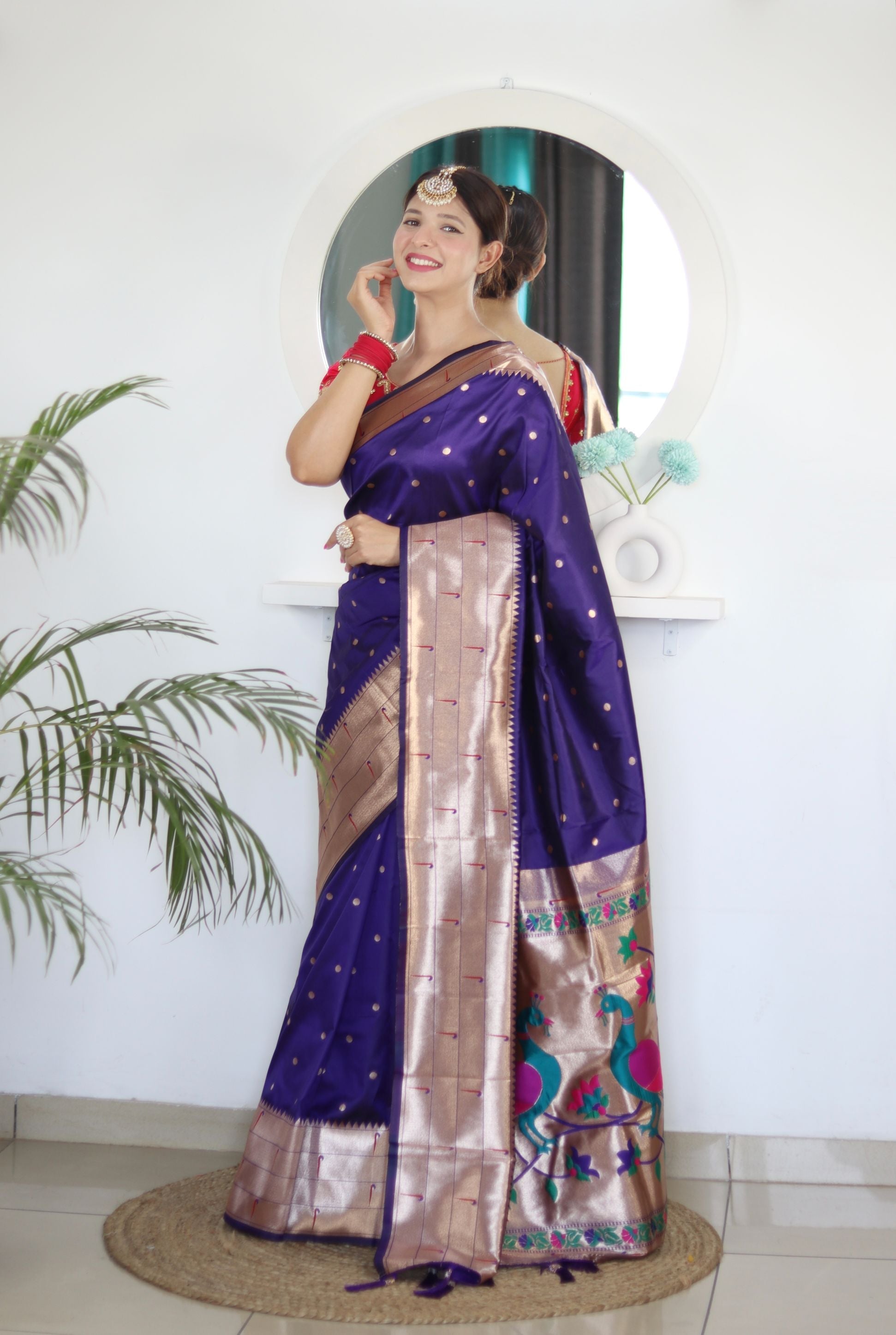 Sensational Navy Blue Paithani Silk Saree With Intricate Blouse Piece