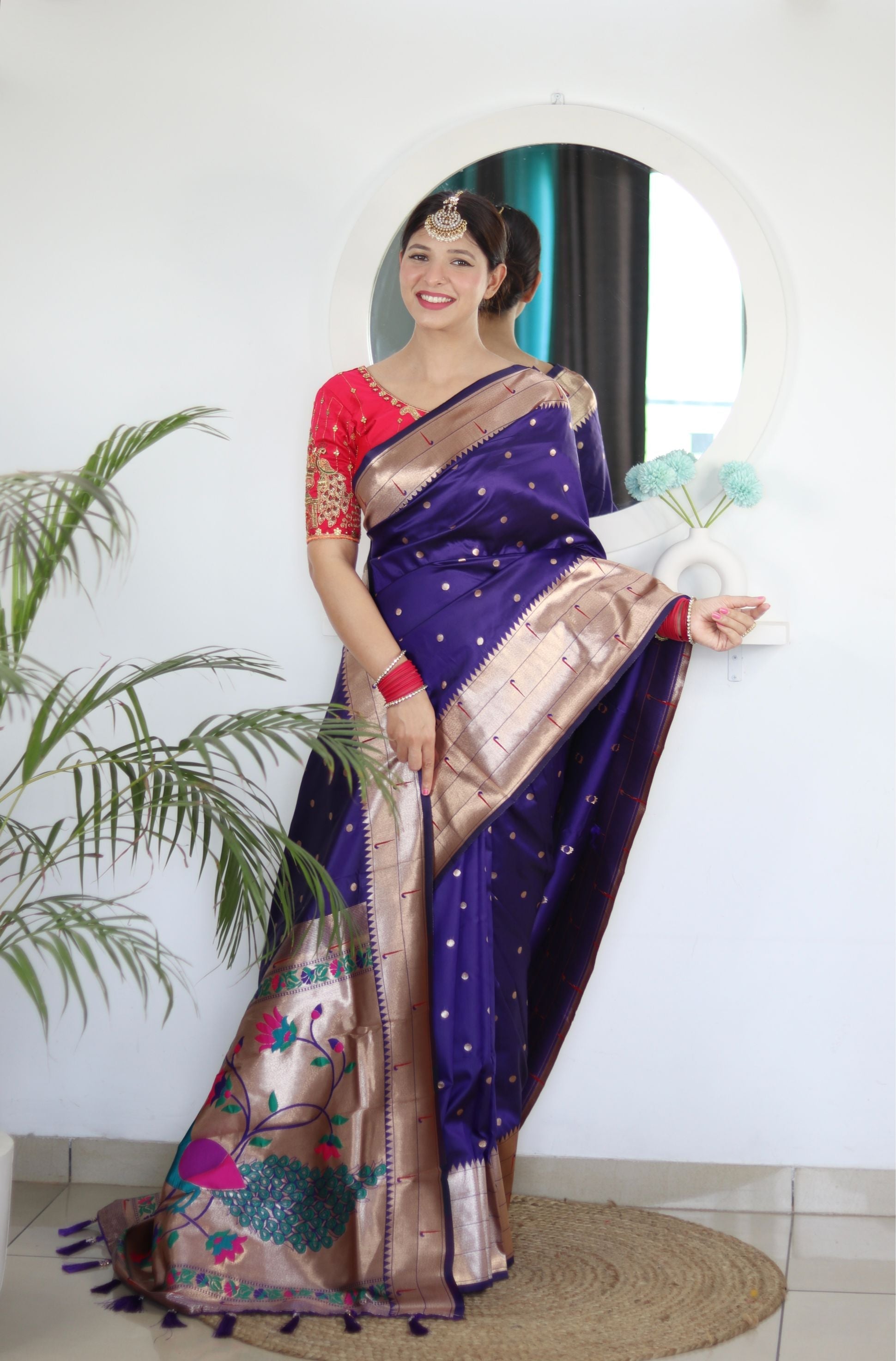 Sensational Navy Blue Paithani Silk Saree With Intricate Blouse Piece