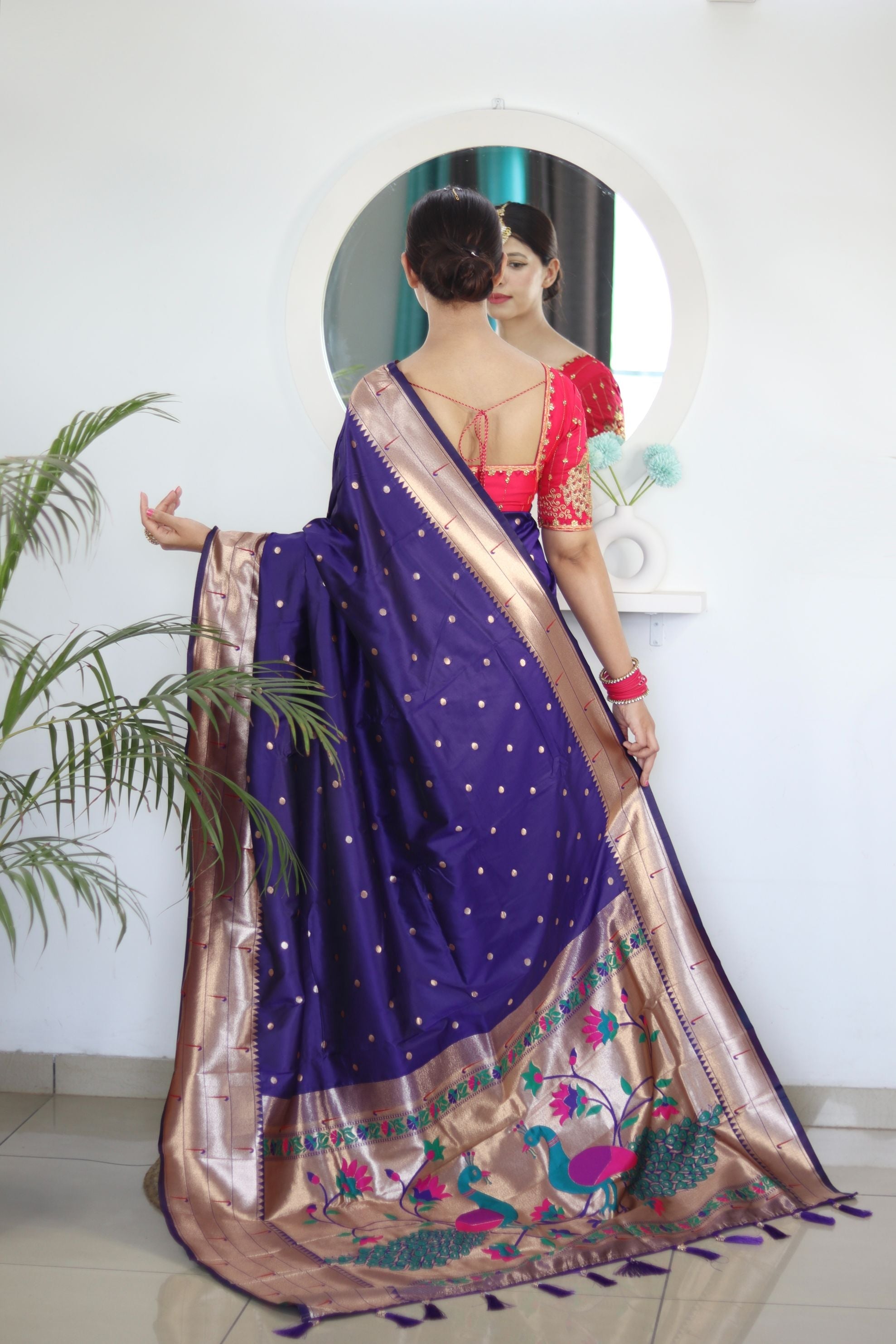 Sensational Navy Blue Paithani Silk Saree With Intricate Blouse Piece