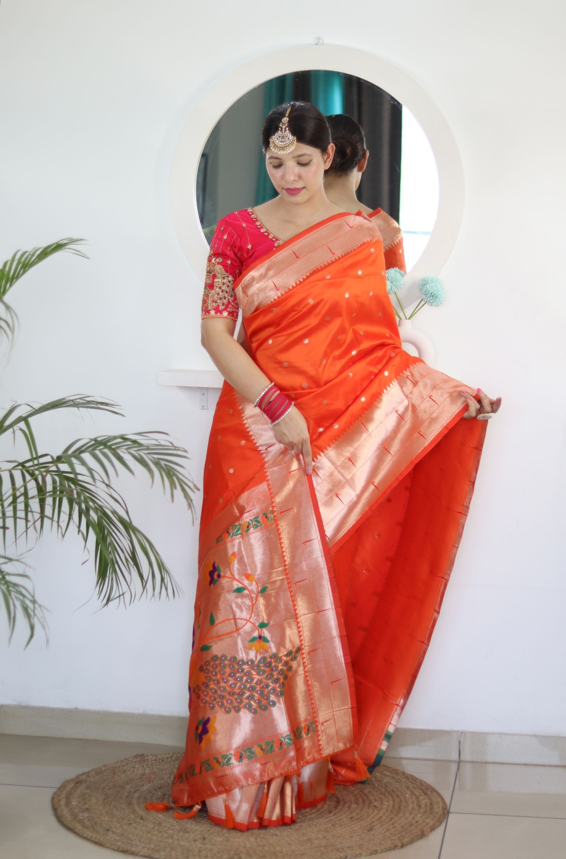 Radiant Orange Paithani Silk Saree With Impressive Blouse Piece