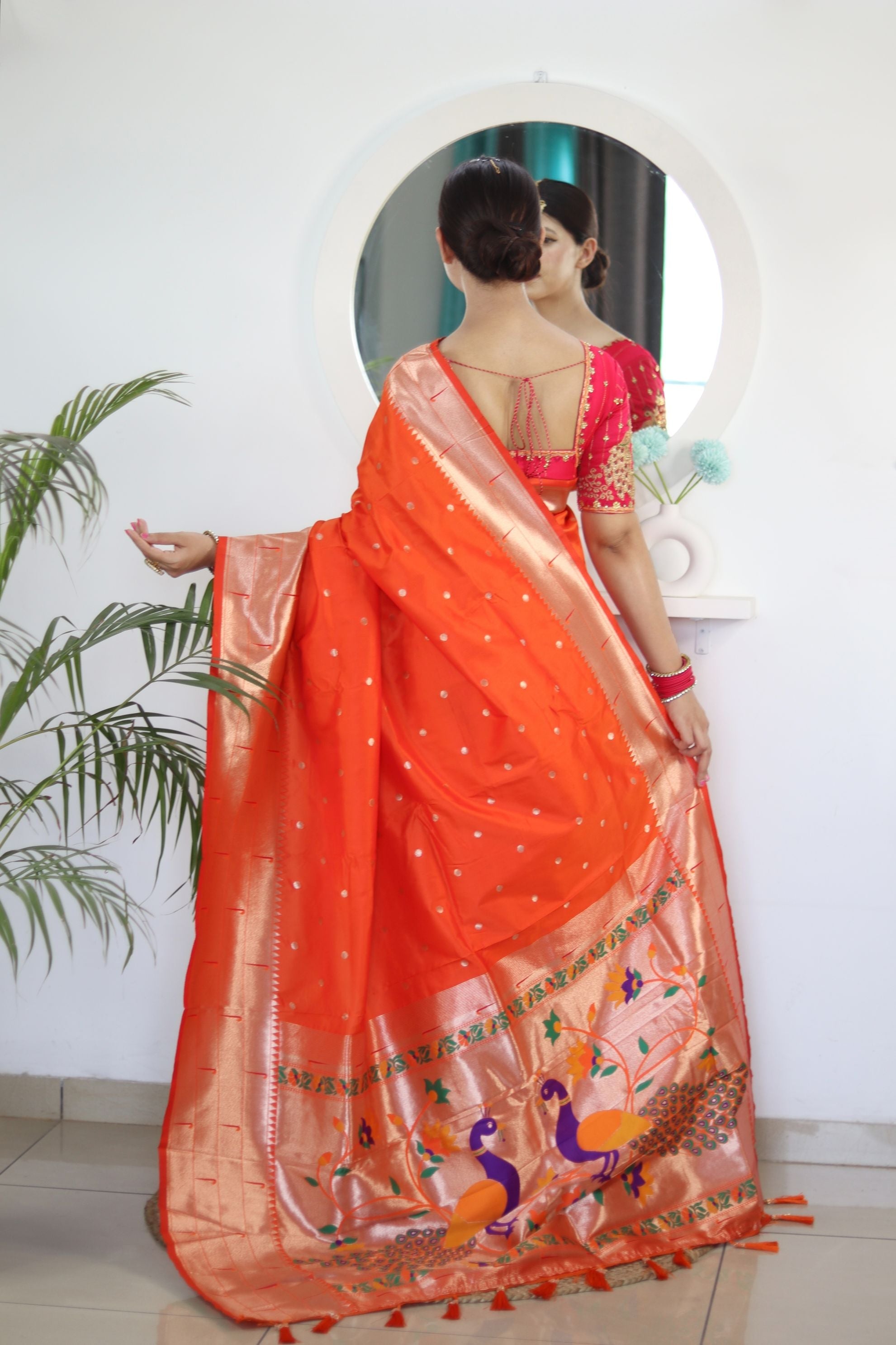 Radiant Orange Paithani Silk Saree With Impressive Blouse Piece