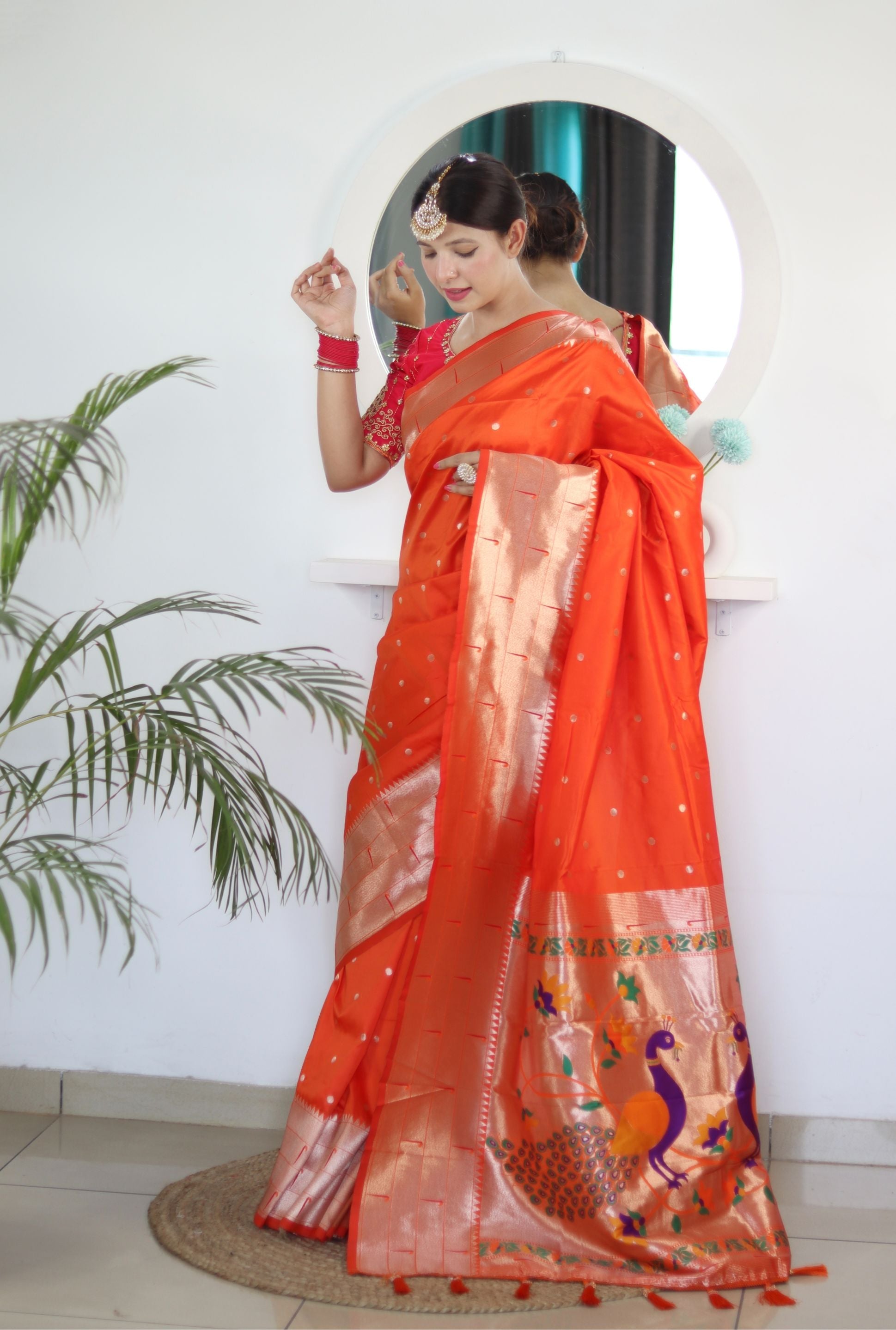 Radiant Orange Paithani Silk Saree With Impressive Blouse Piece