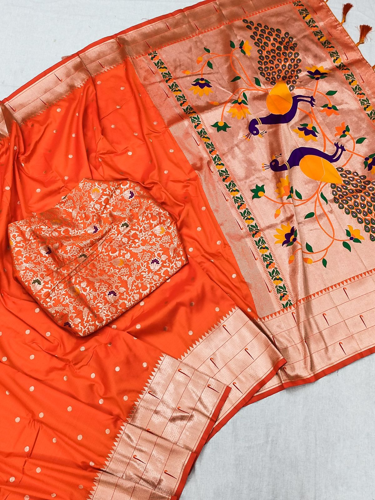 Radiant Orange Paithani Silk Saree With Impressive Blouse Piece