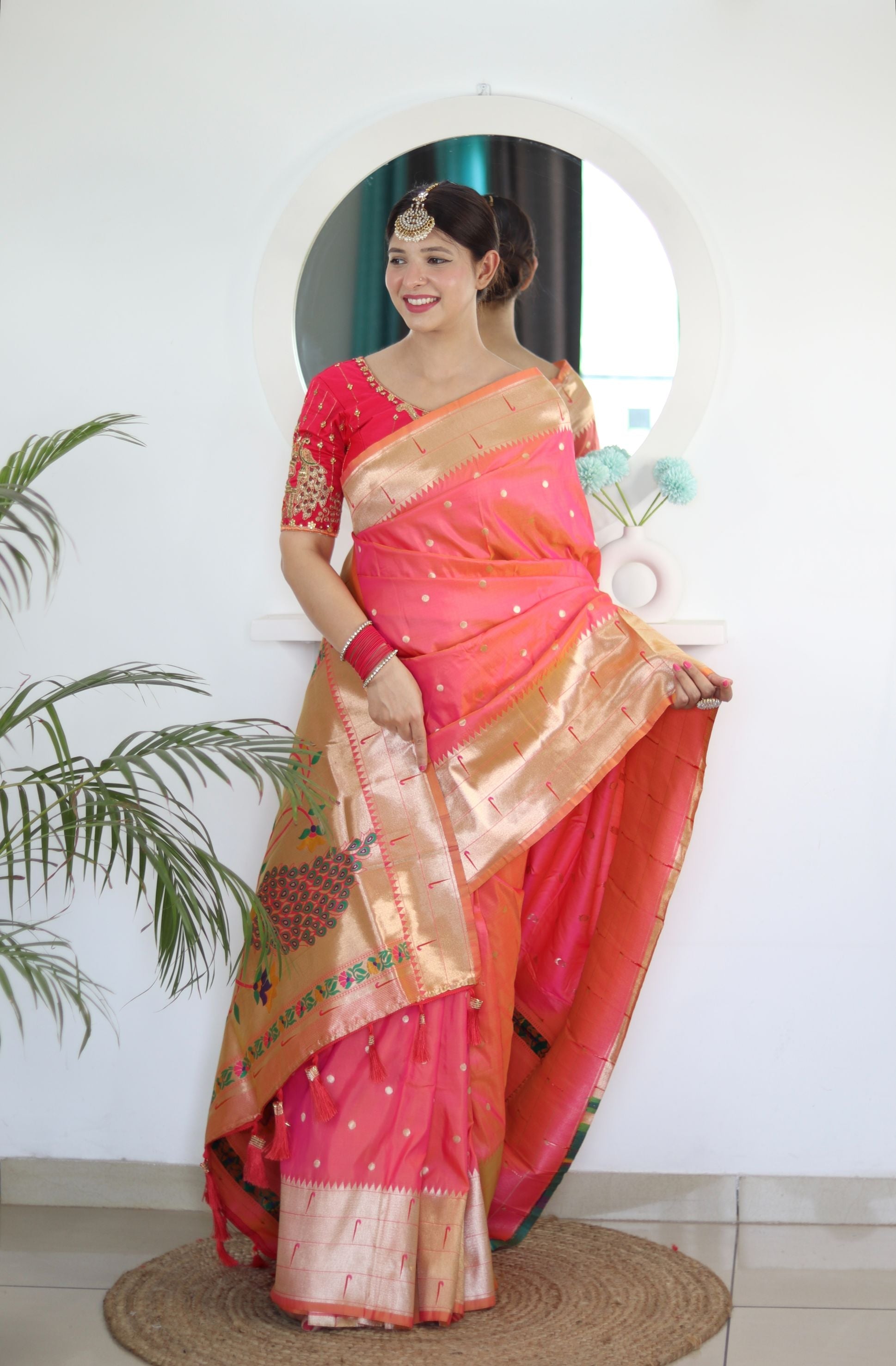 Ravishing Peach Paithani Silk Saree With Intricate Blouse Piece