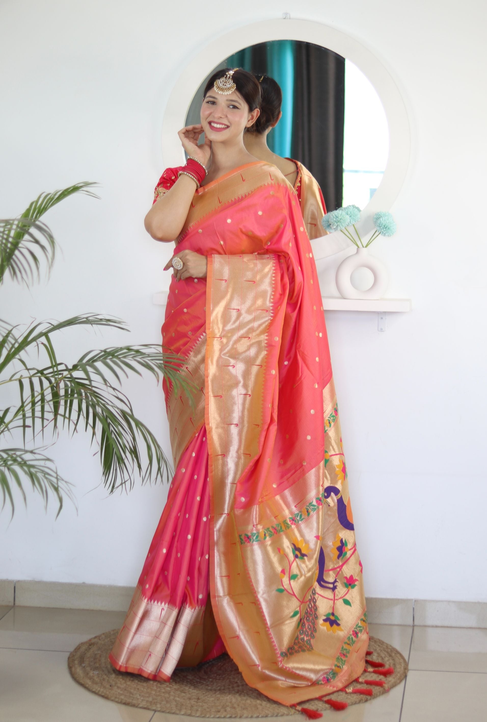 Ravishing Peach Paithani Silk Saree With Intricate Blouse Piece