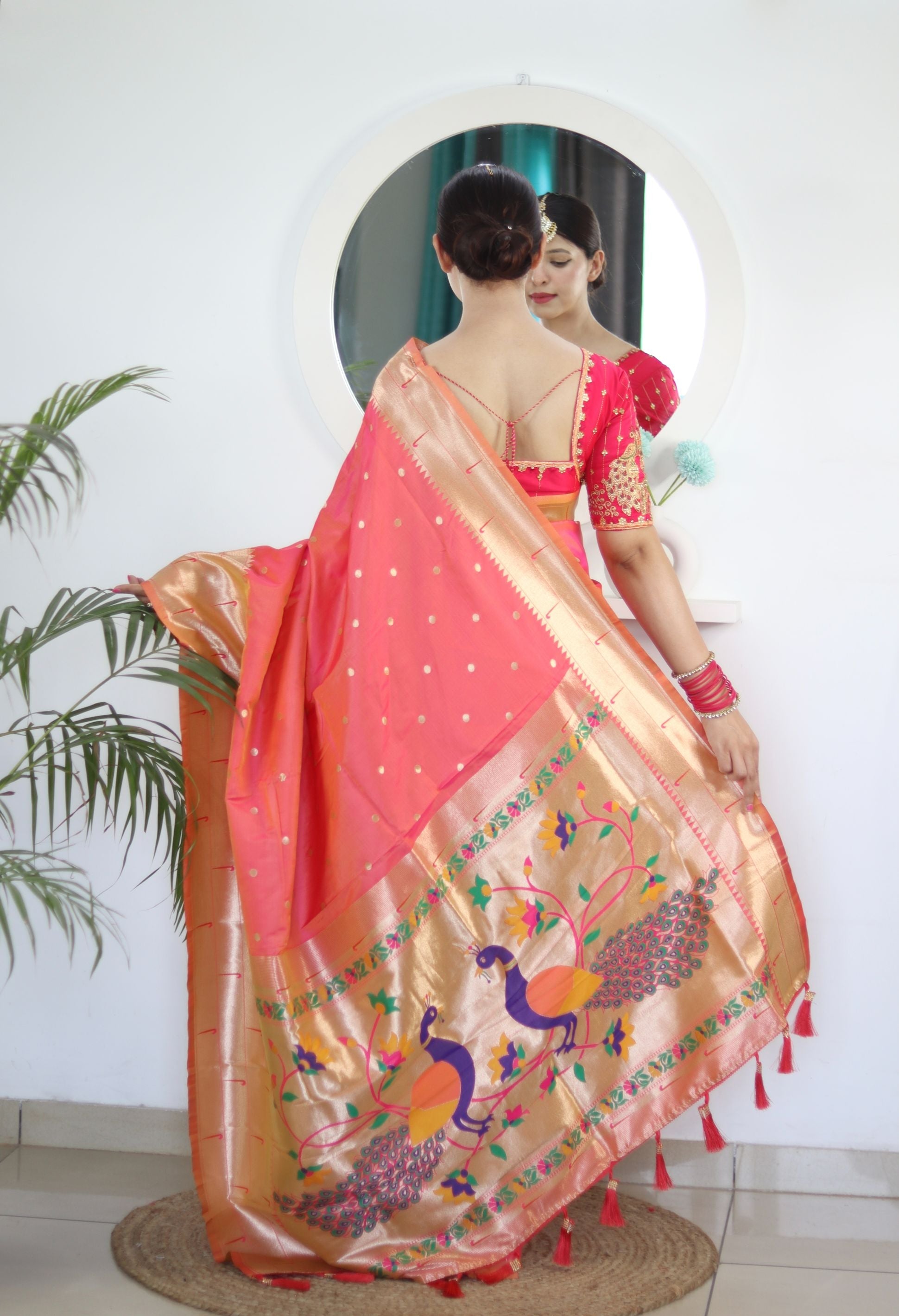 Ravishing Peach Paithani Silk Saree With Intricate Blouse Piece