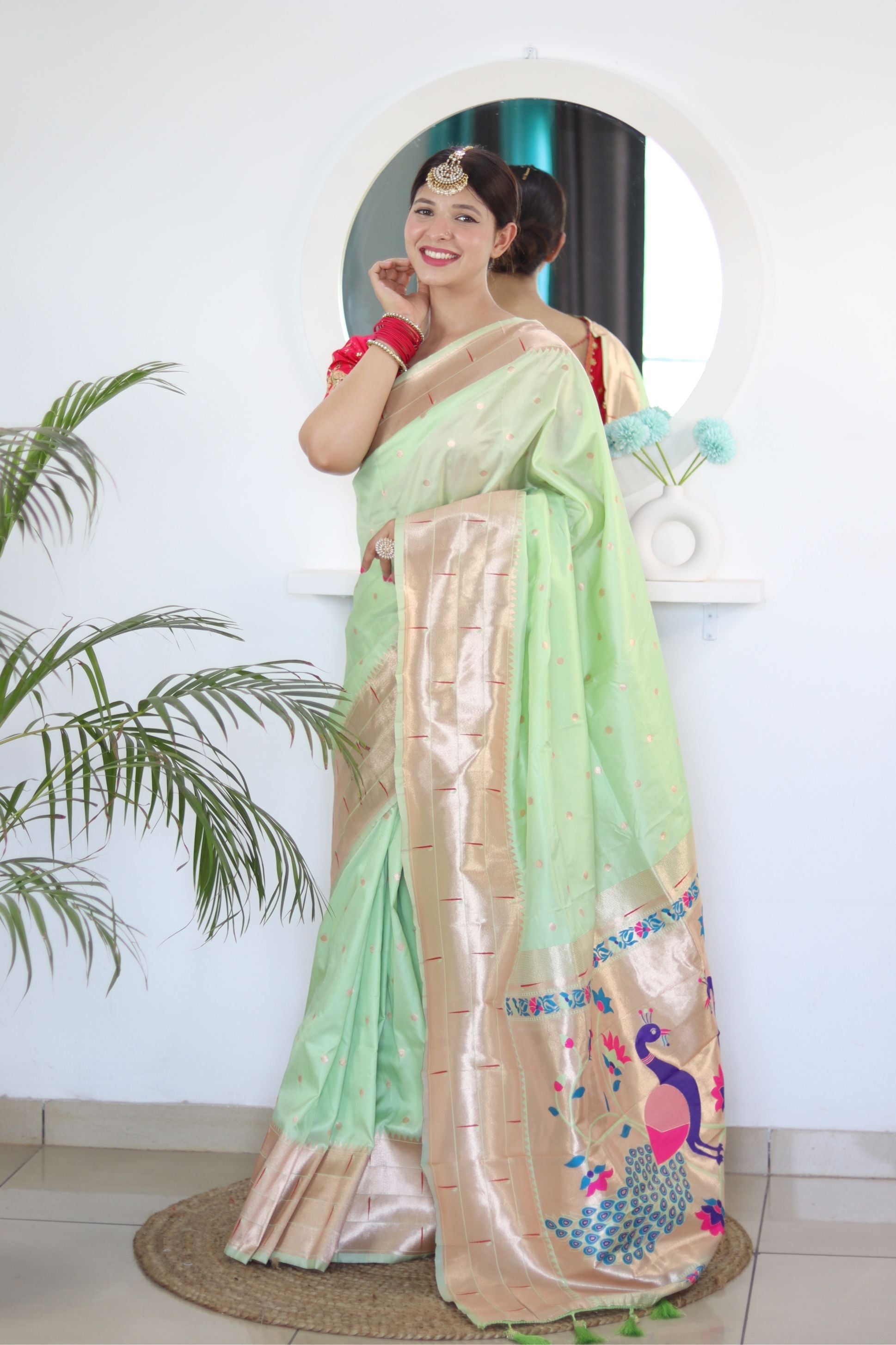 Hypnotic Pista Paithani Silk Saree With Demanding Blouse Piece