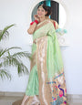 Hypnotic Pista Paithani Silk Saree With Demanding Blouse Piece