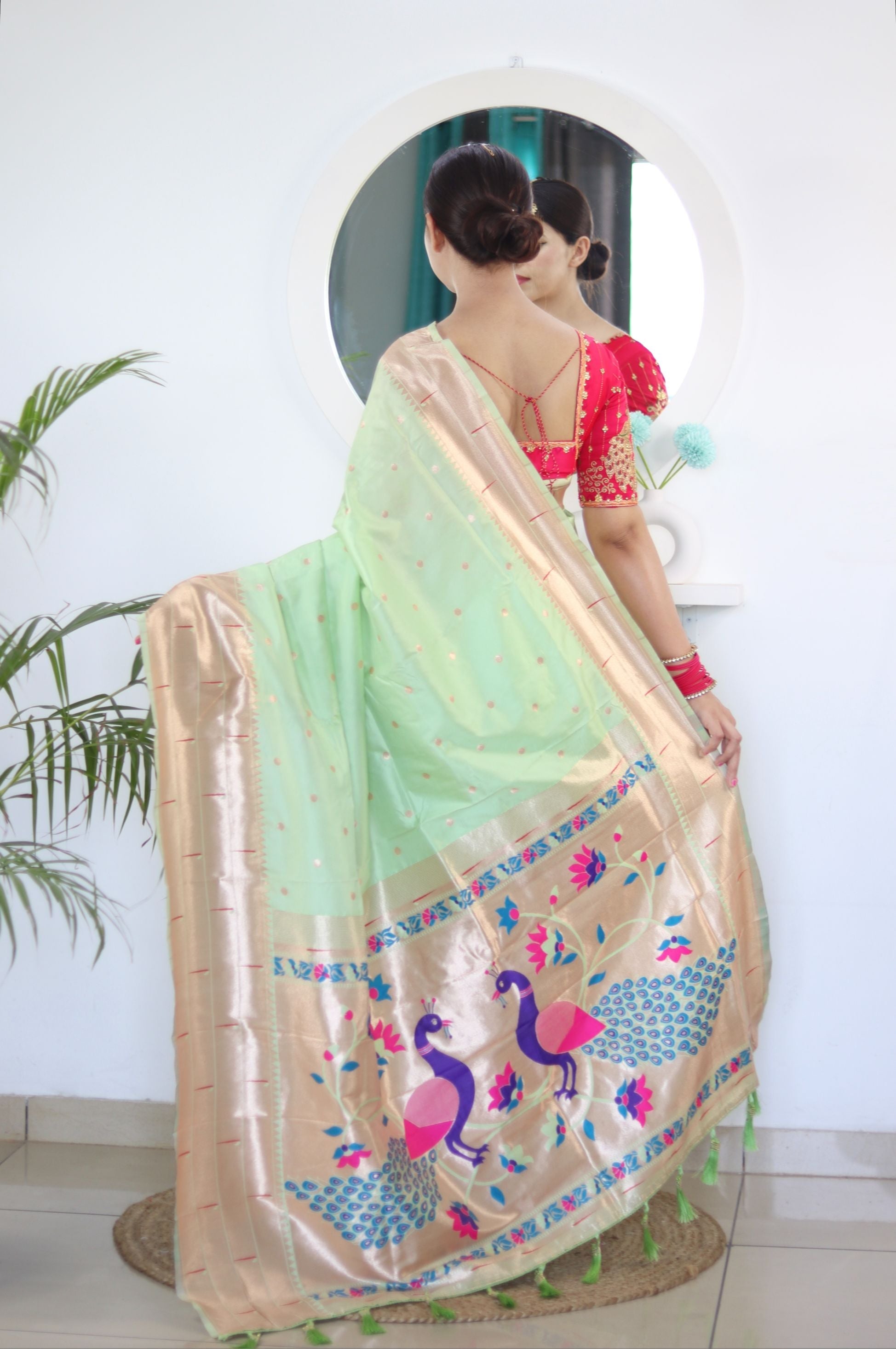 Hypnotic Pista Paithani Silk Saree With Demanding Blouse Piece