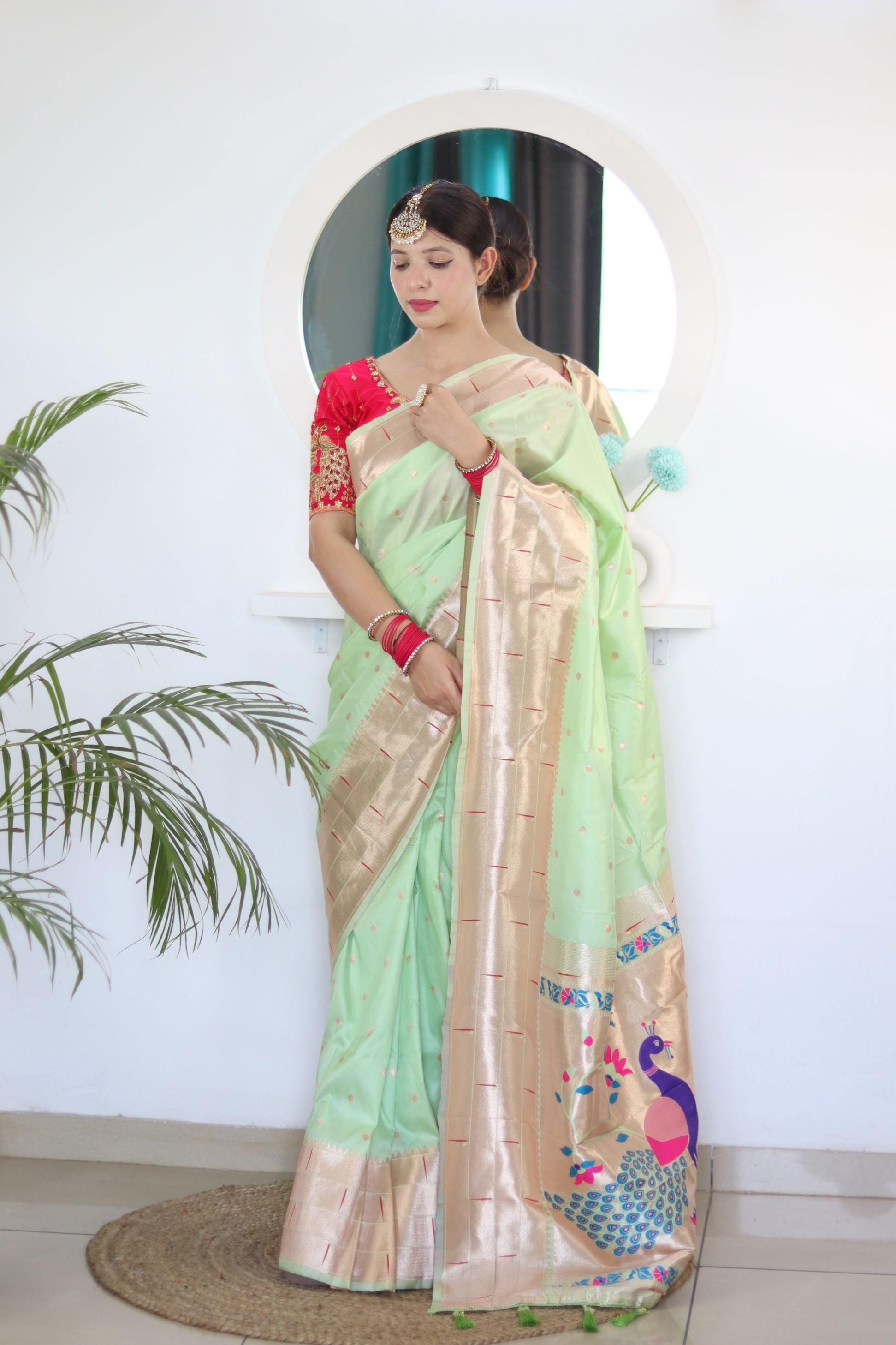 Hypnotic Pista Paithani Silk Saree With Demanding Blouse Piece