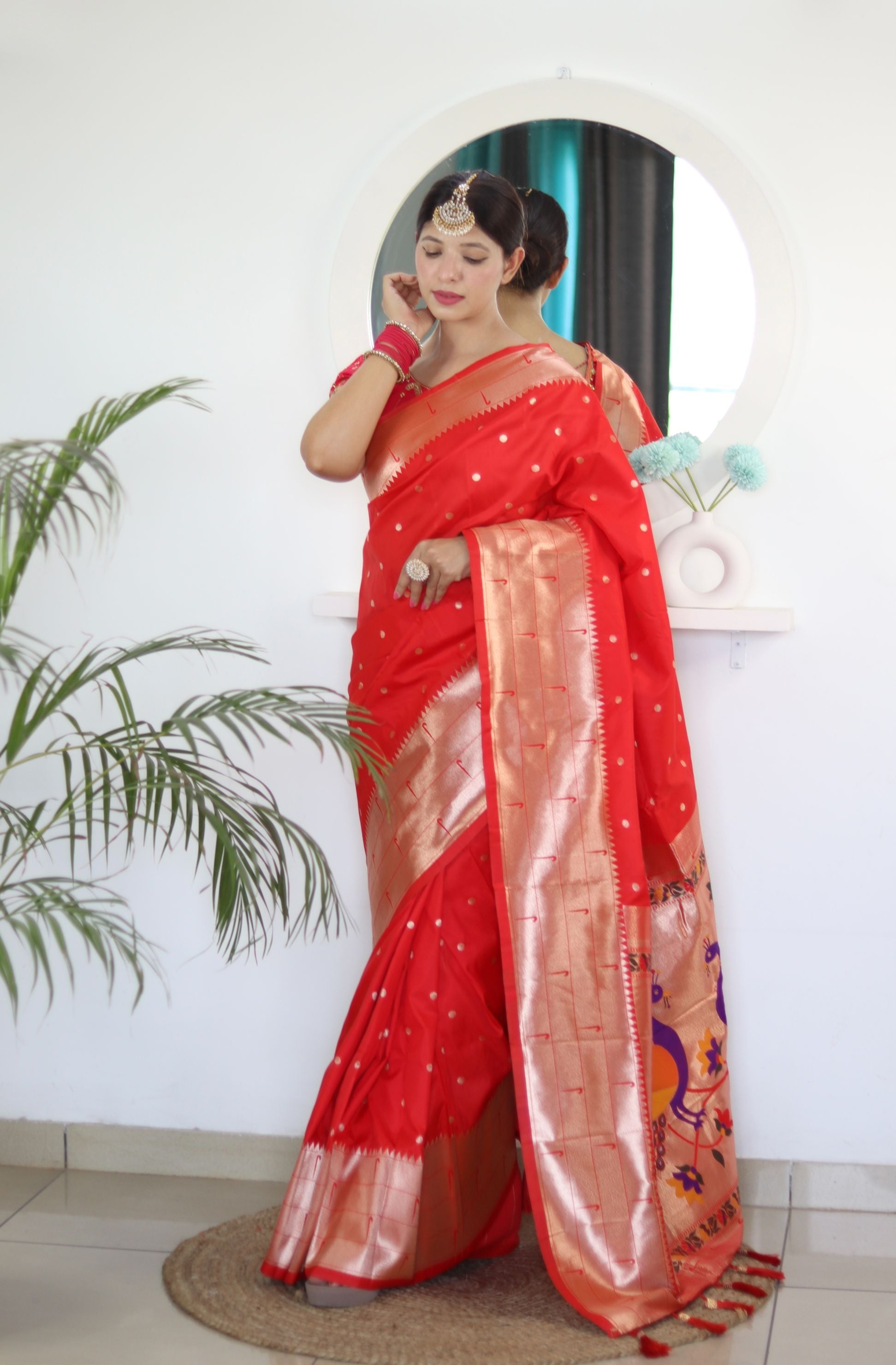 Captivating Red Paithani Silk Saree With Girlish Blouse Piece