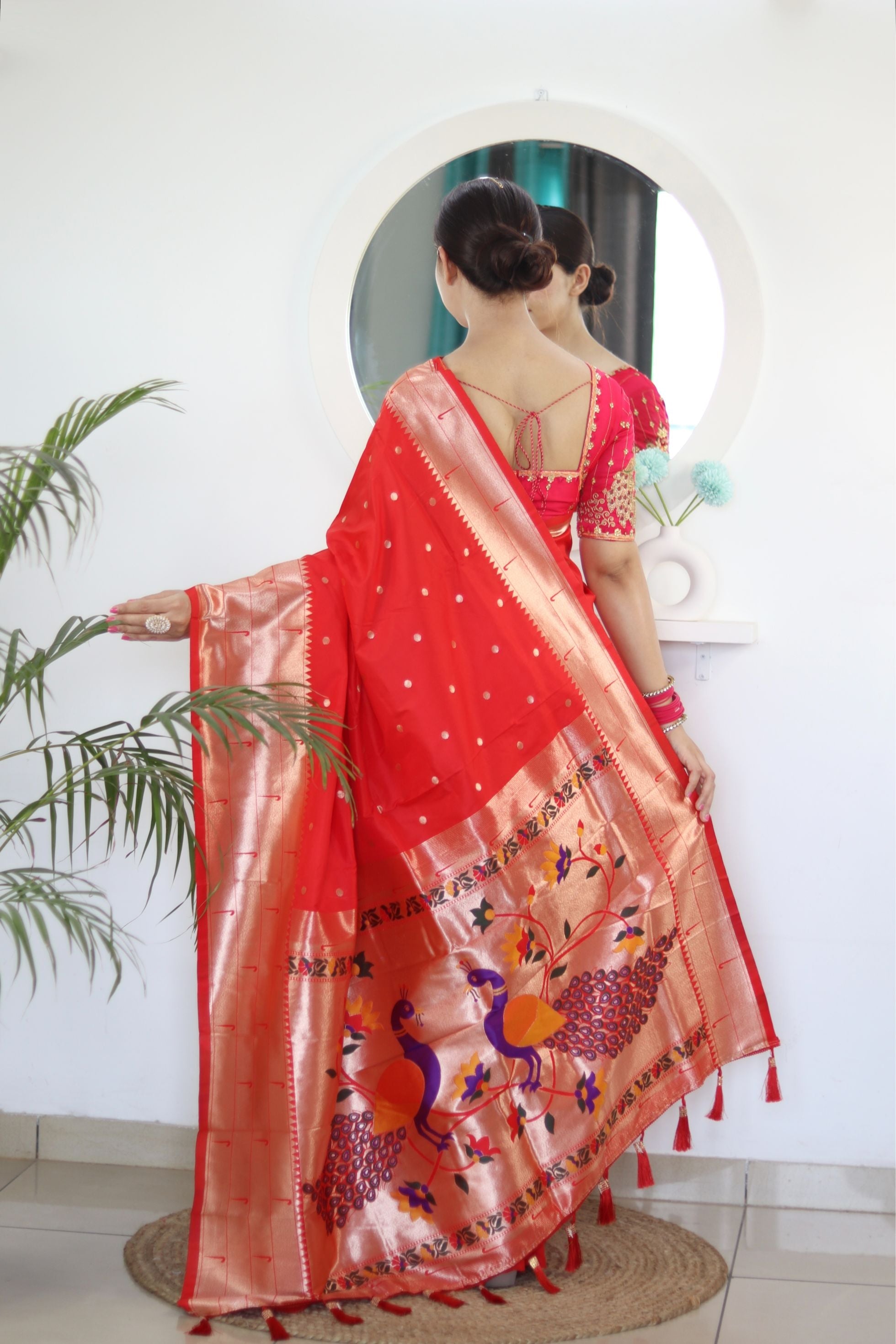 Captivating Red Paithani Silk Saree With Girlish Blouse Piece