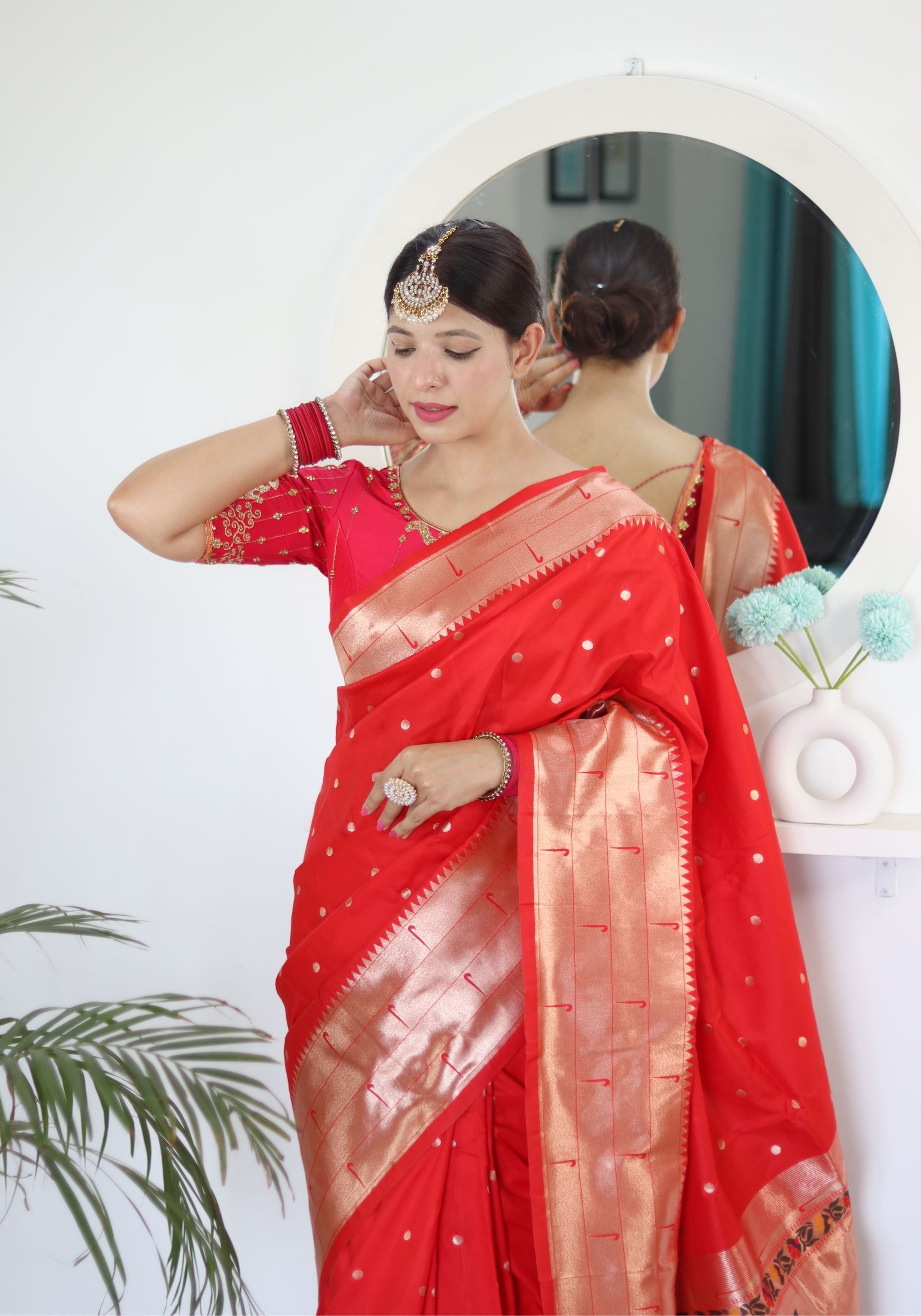 Captivating Red Paithani Silk Saree With Girlish Blouse Piece