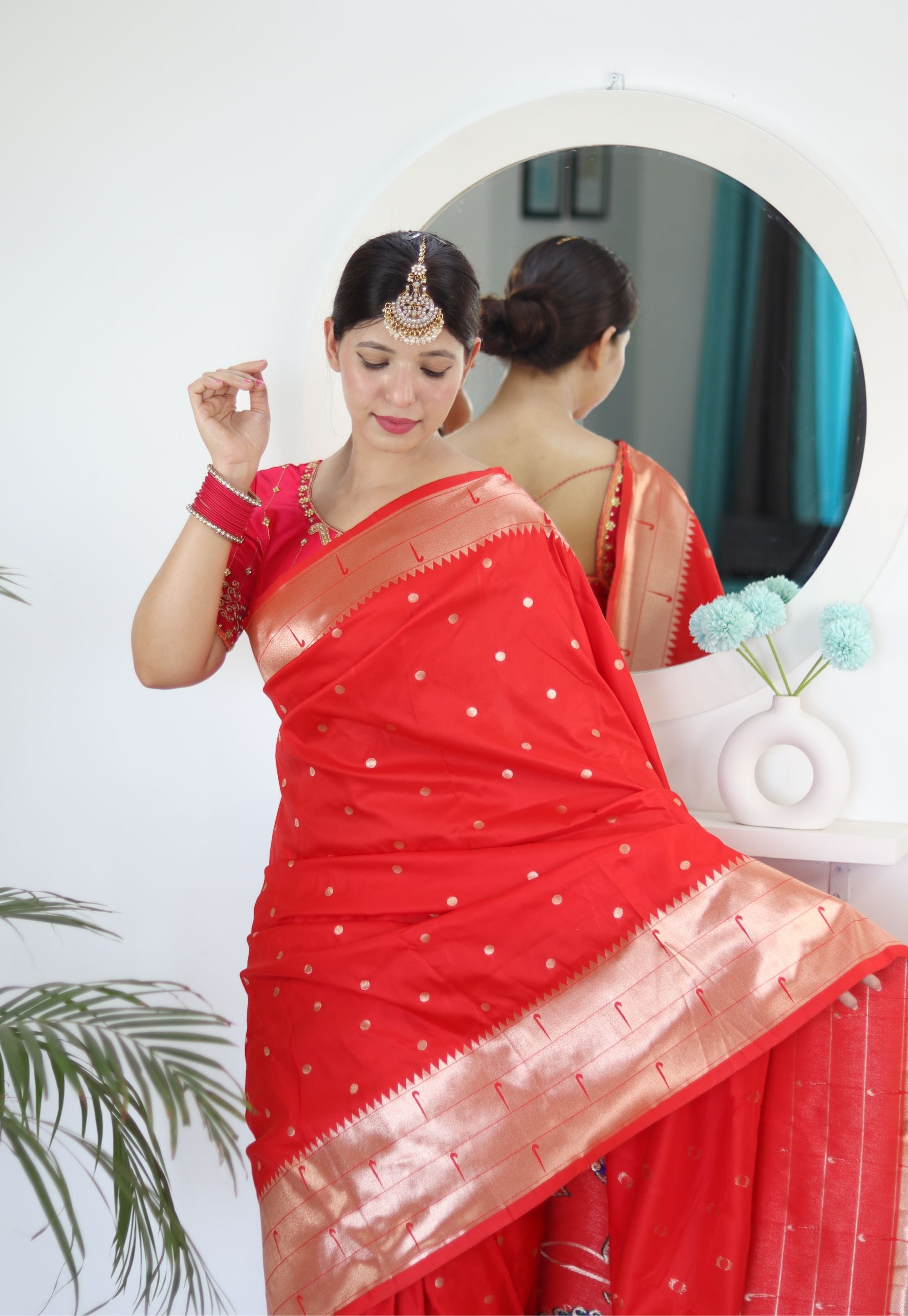 Captivating Red Paithani Silk Saree With Girlish Blouse Piece