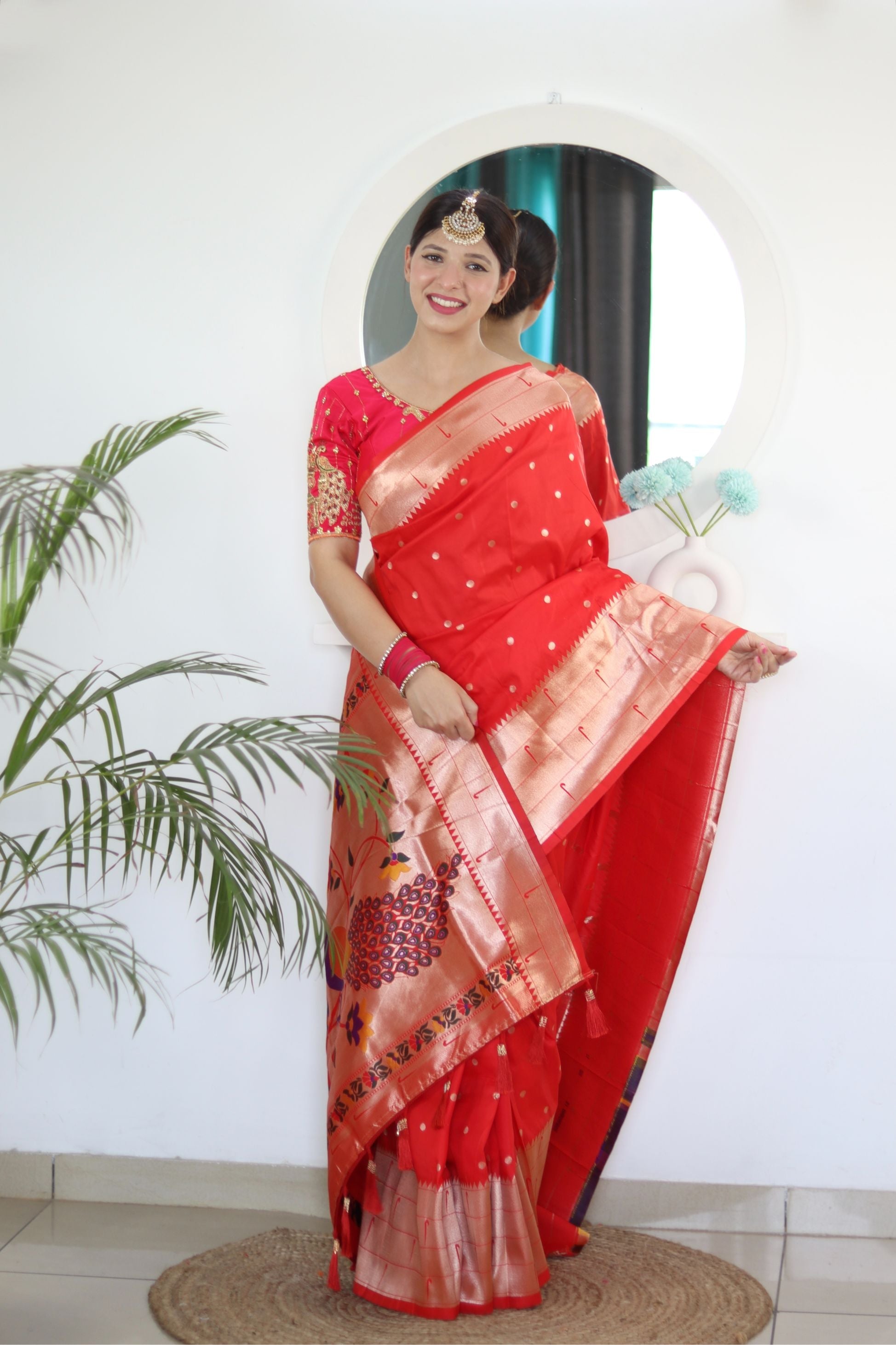 Captivating Red Paithani Silk Saree With Girlish Blouse Piece