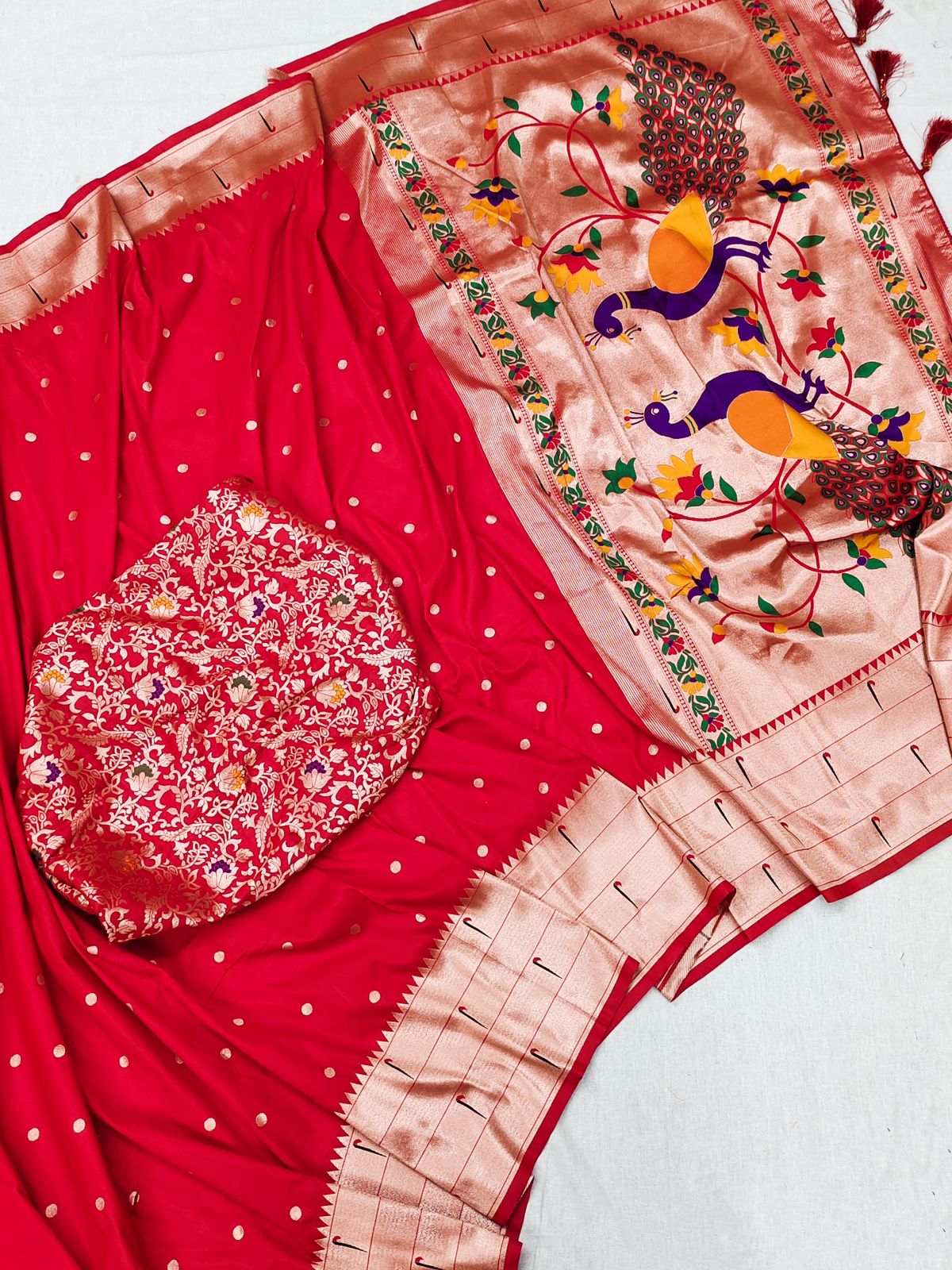 Captivating Red Paithani Silk Saree With Girlish Blouse Piece