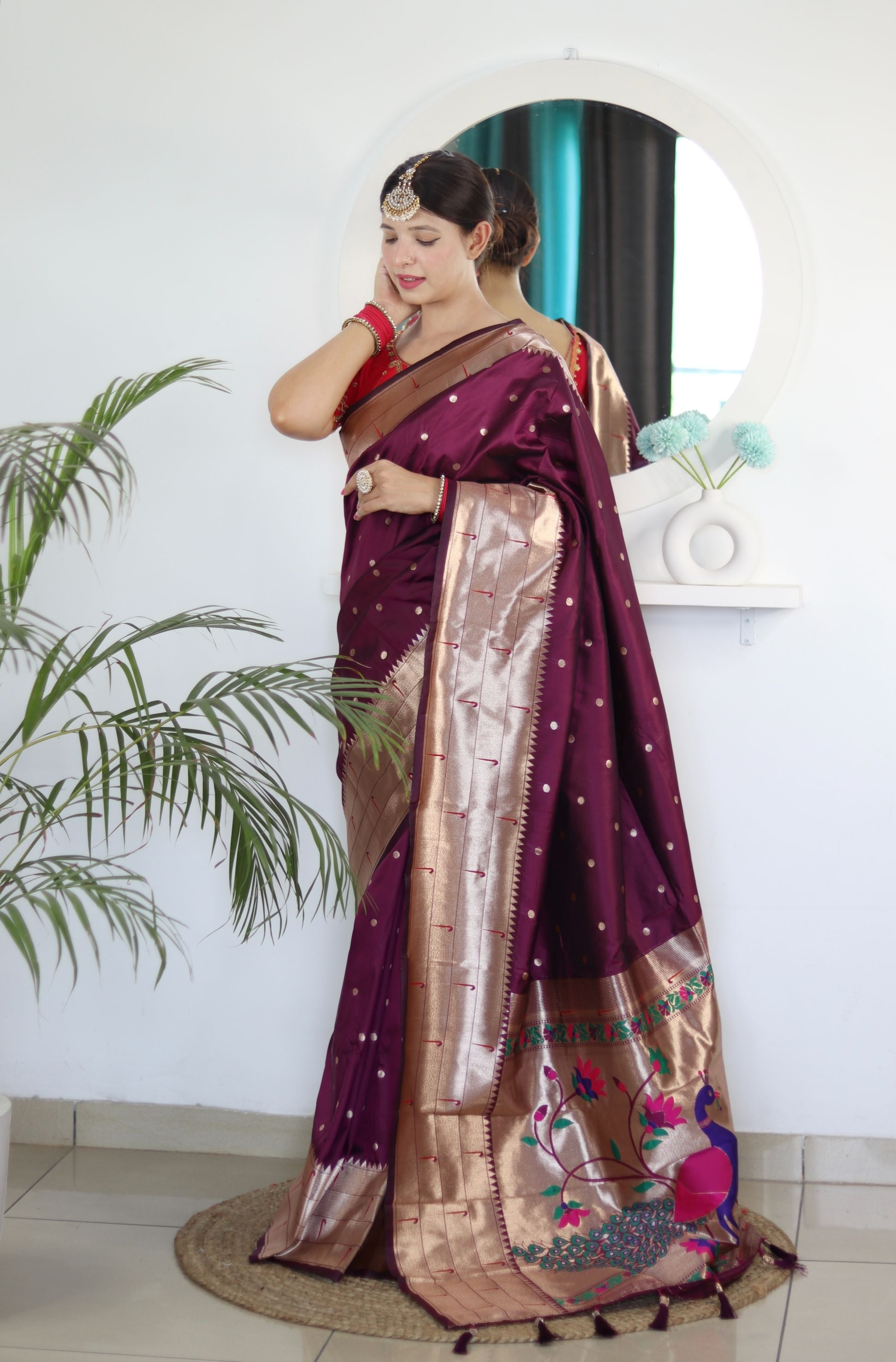 Arresting Wine Paithani Silk Saree With Beautiful Blouse Piece