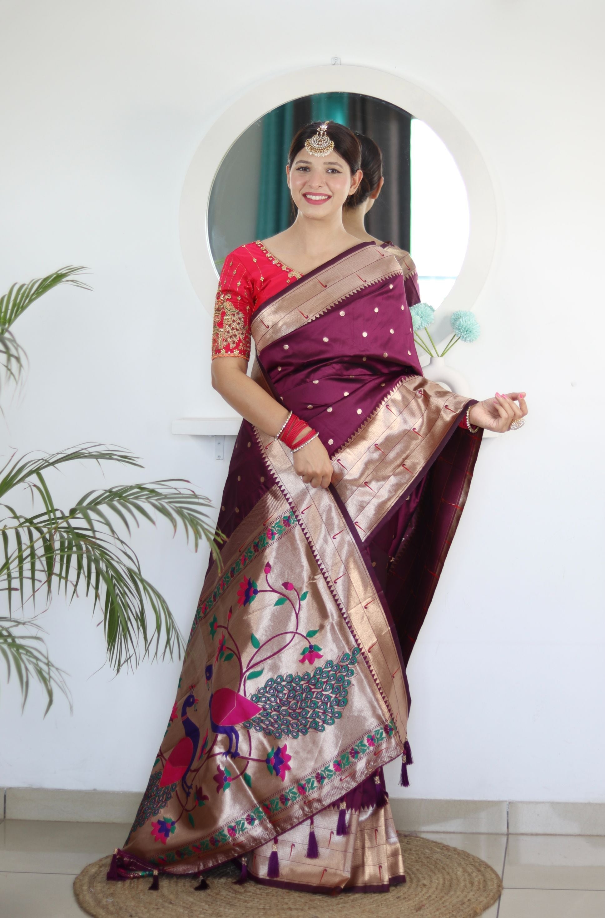 Arresting Wine Paithani Silk Saree With Beautiful Blouse Piece