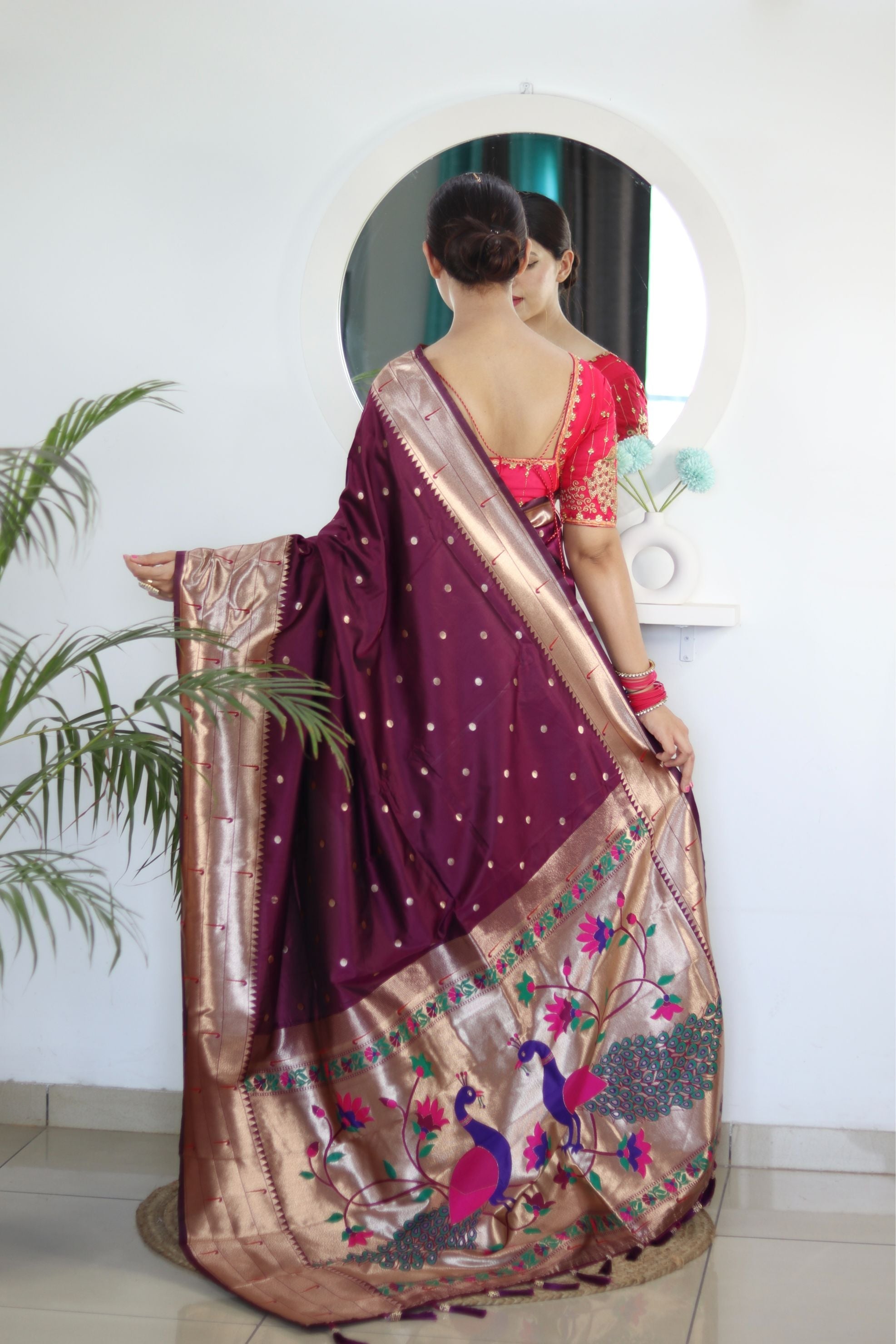 Arresting Wine Paithani Silk Saree With Beautiful Blouse Piece