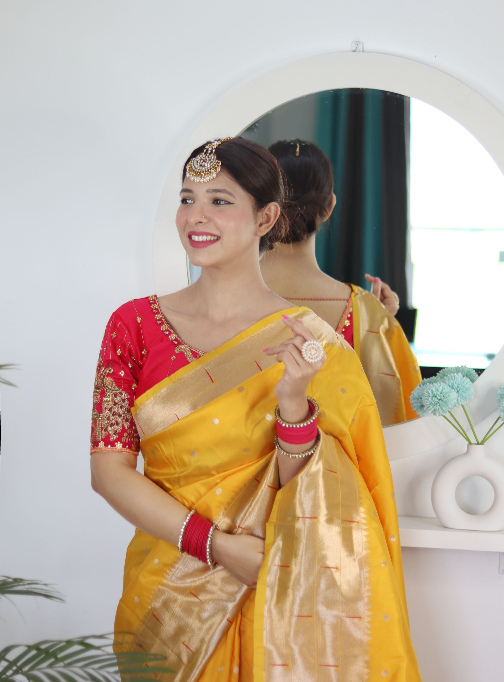 Adorable Yellow Paithani Silk Saree With Eye-catching Blouse Piece