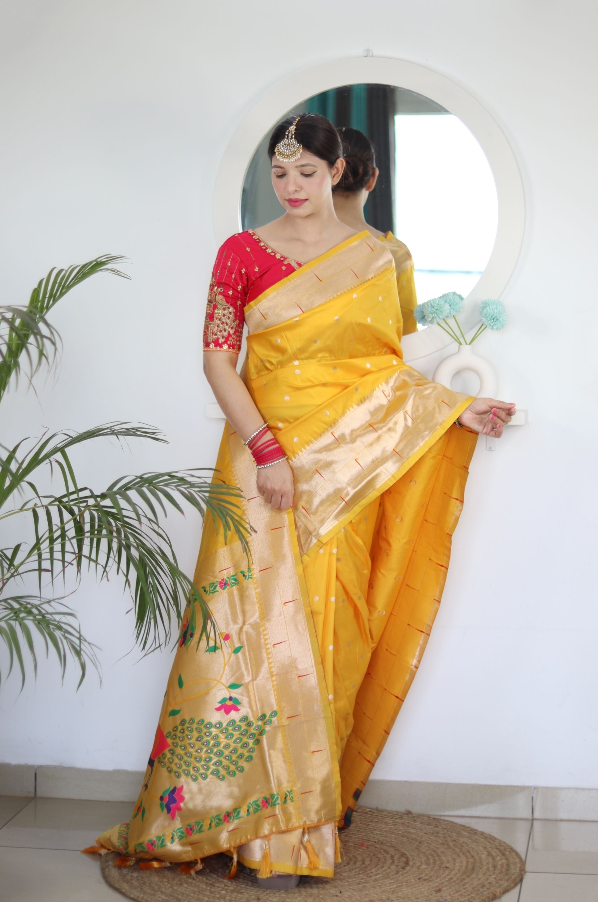 Adorable Yellow Paithani Silk Saree With Eye-catching Blouse Piece