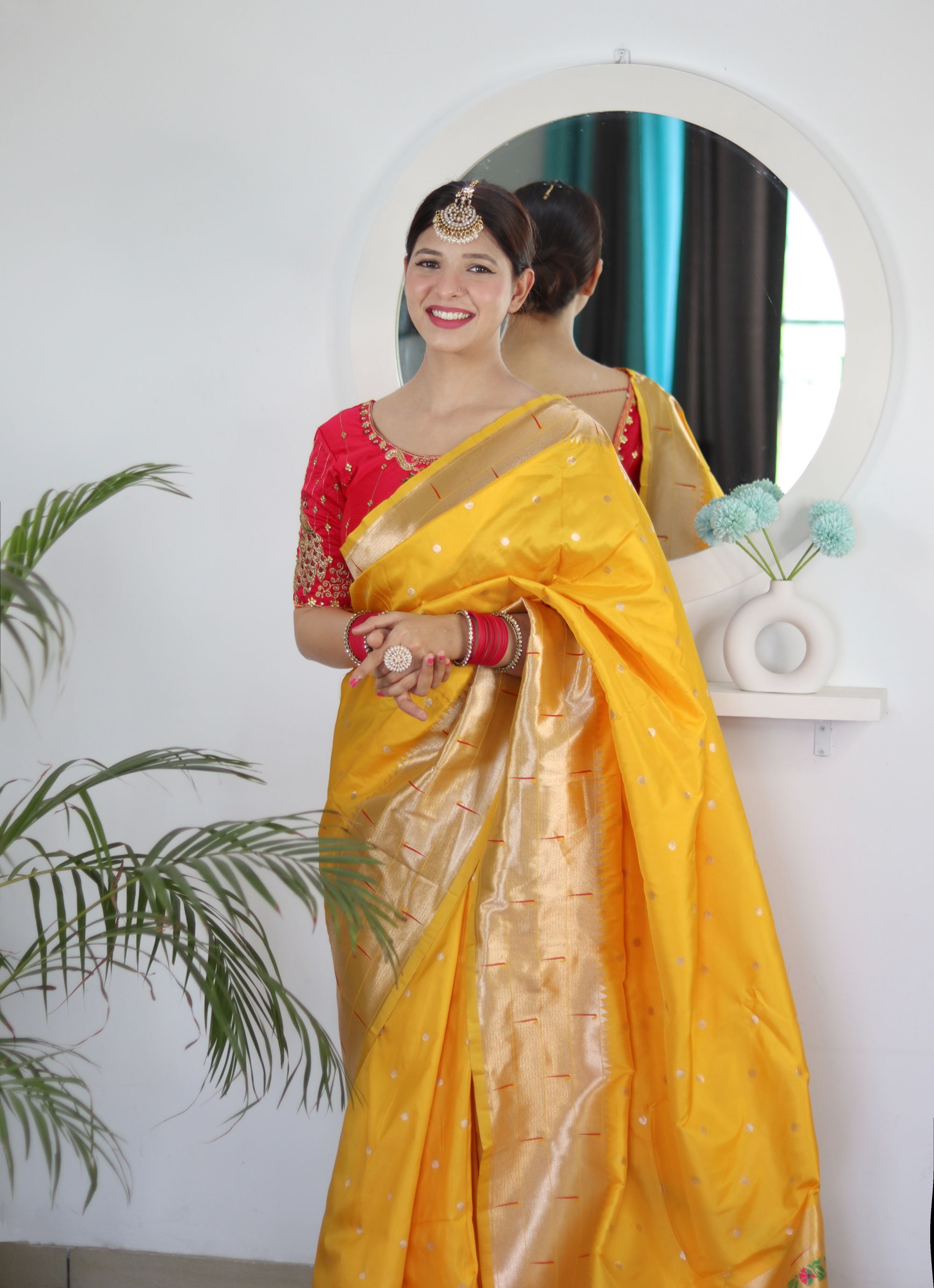 Adorable Yellow Paithani Silk Saree With Eye-catching Blouse Piece