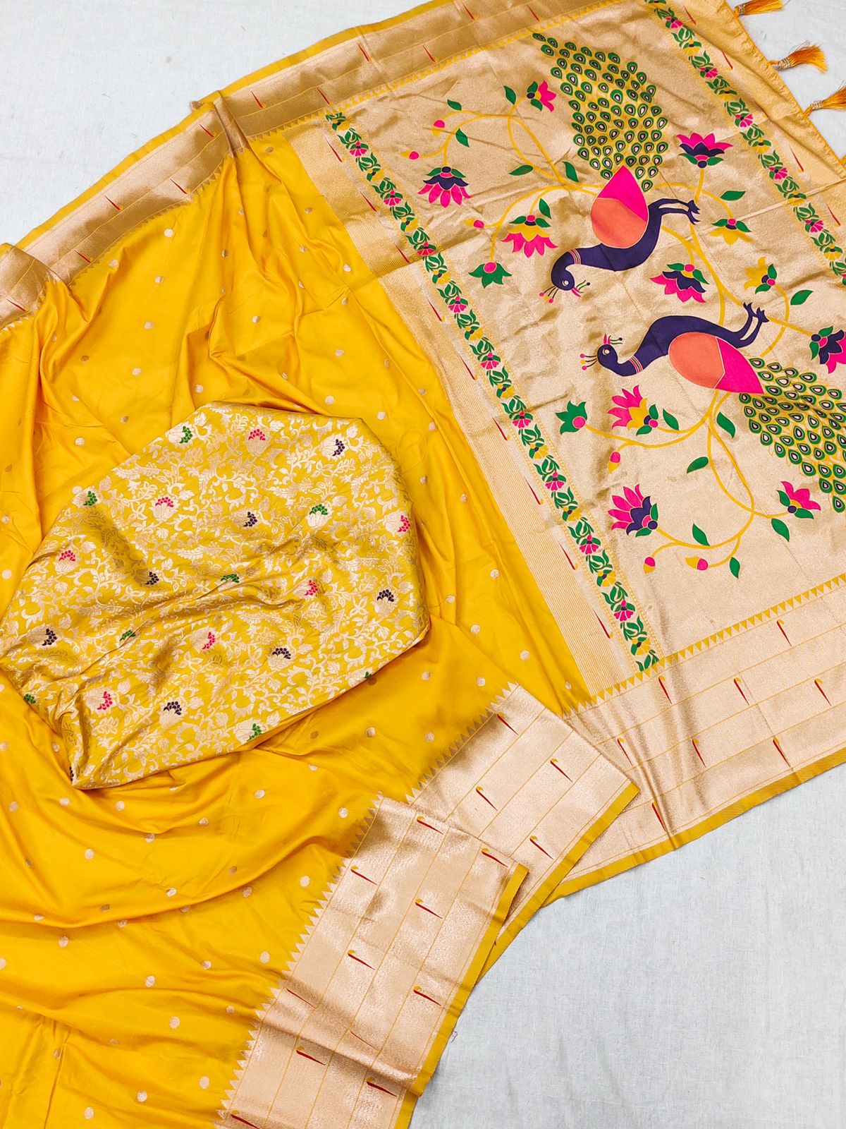 Adorable Yellow Paithani Silk Saree With Eye-catching Blouse Piece