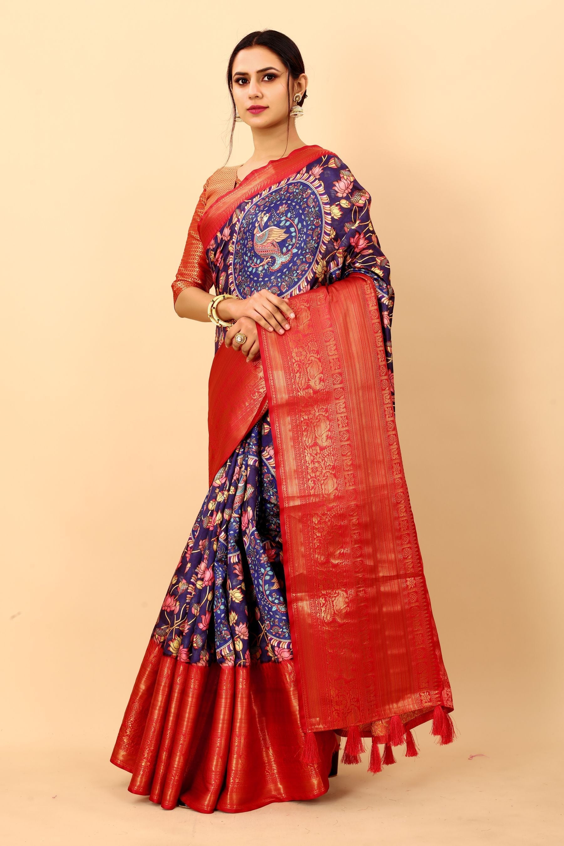 Gleaming Royal Blue Kalamkari Printed Saree With Glowing Blouse Piece