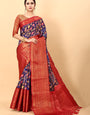 Gleaming Royal Blue Kalamkari Printed Saree With Glowing Blouse Piece