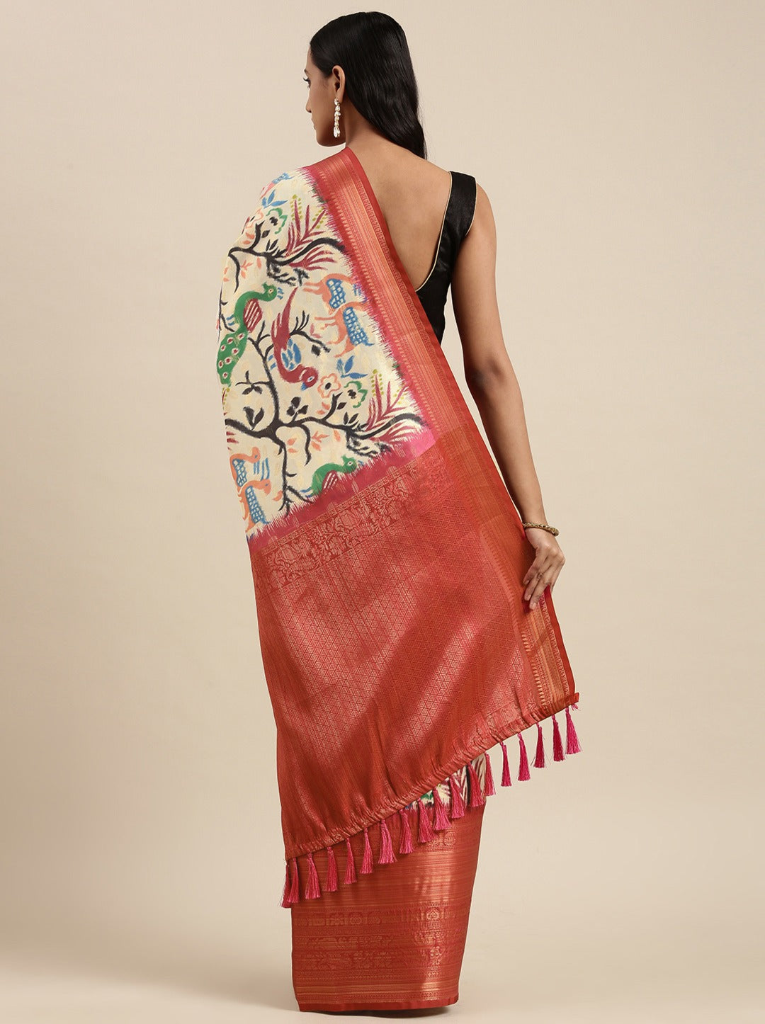 Deserving Beige Kalamkari Printed Saree With Gorgeous Blouse Piece