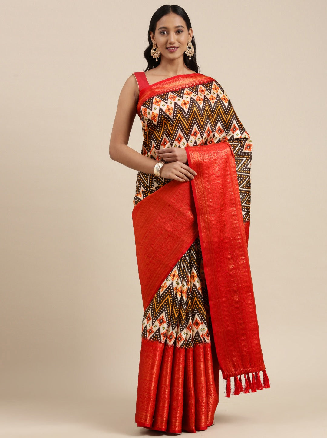 Charming Brown Kalamkari Printed Saree With Sizzling Blouse Piece