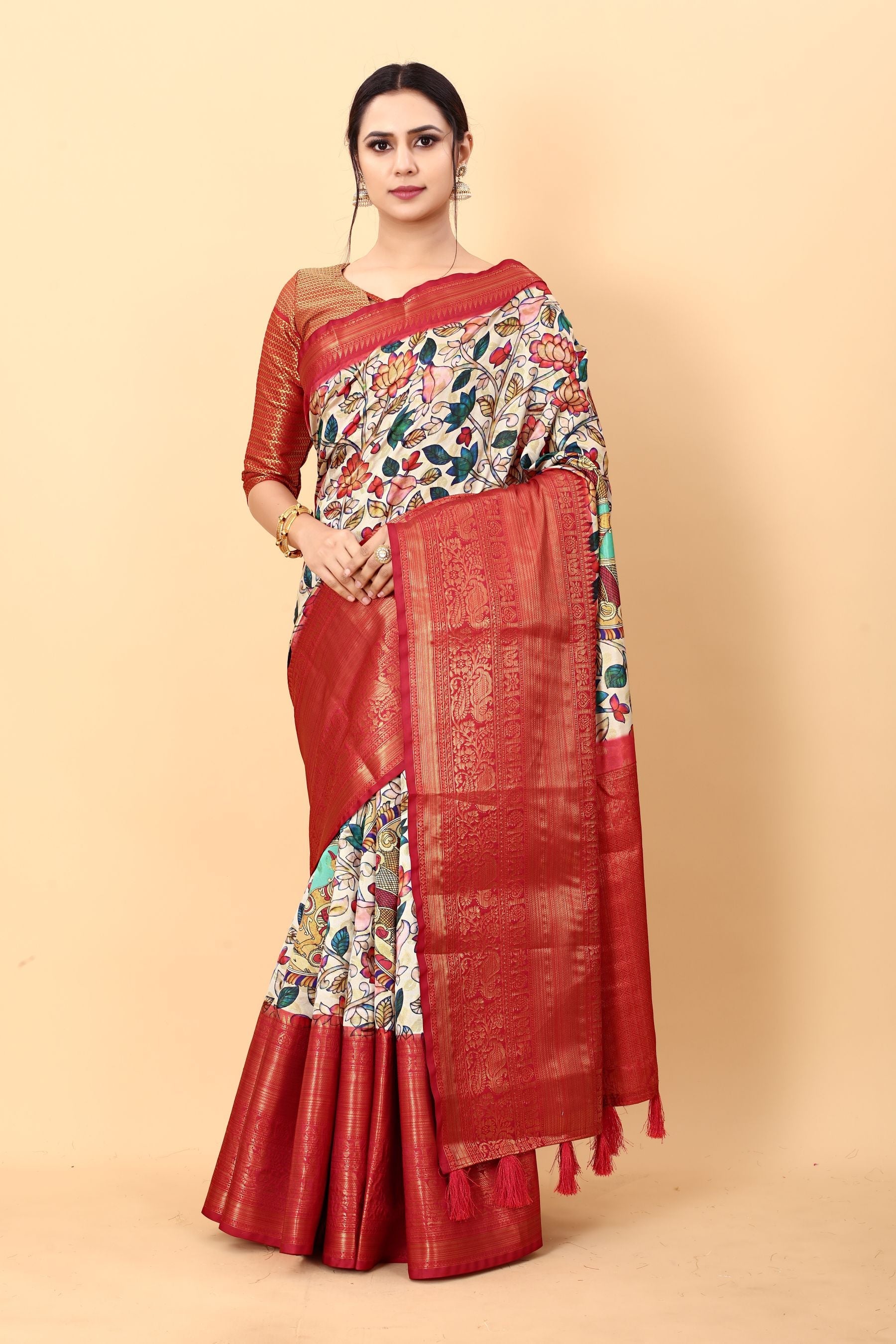 Jazzy Beige Kalamkari Printed Saree With Phenomenal Blouse Piece