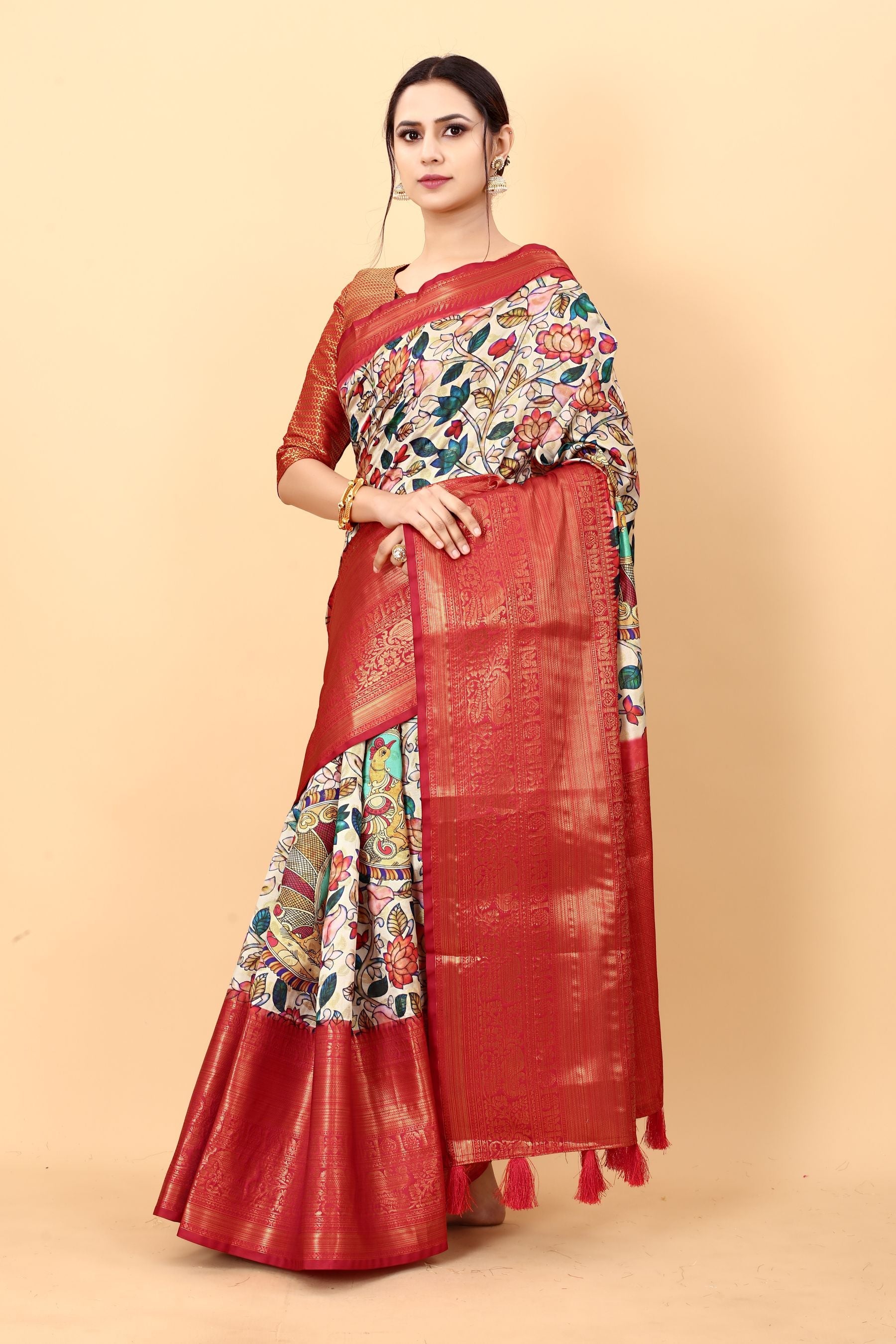 Jazzy Beige Kalamkari Printed Saree With Phenomenal Blouse Piece