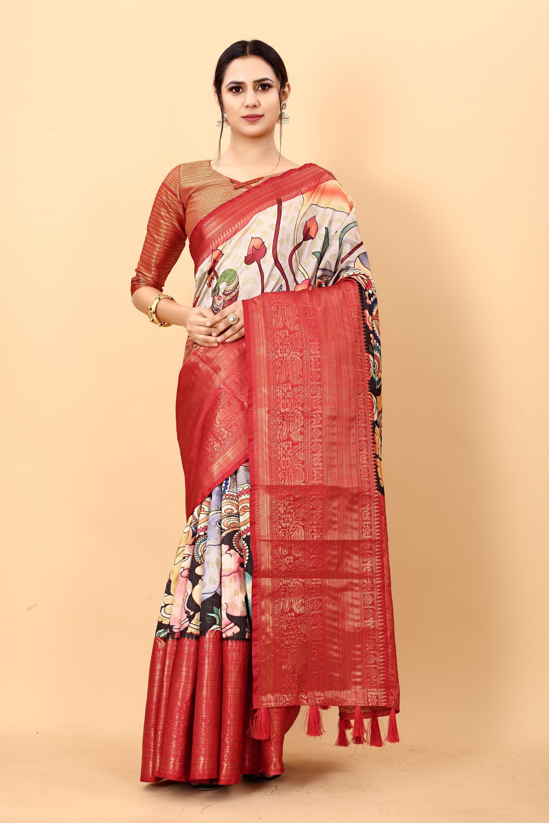 Designer Beige Kalamkari Printed Saree With Unique Blouse Piece