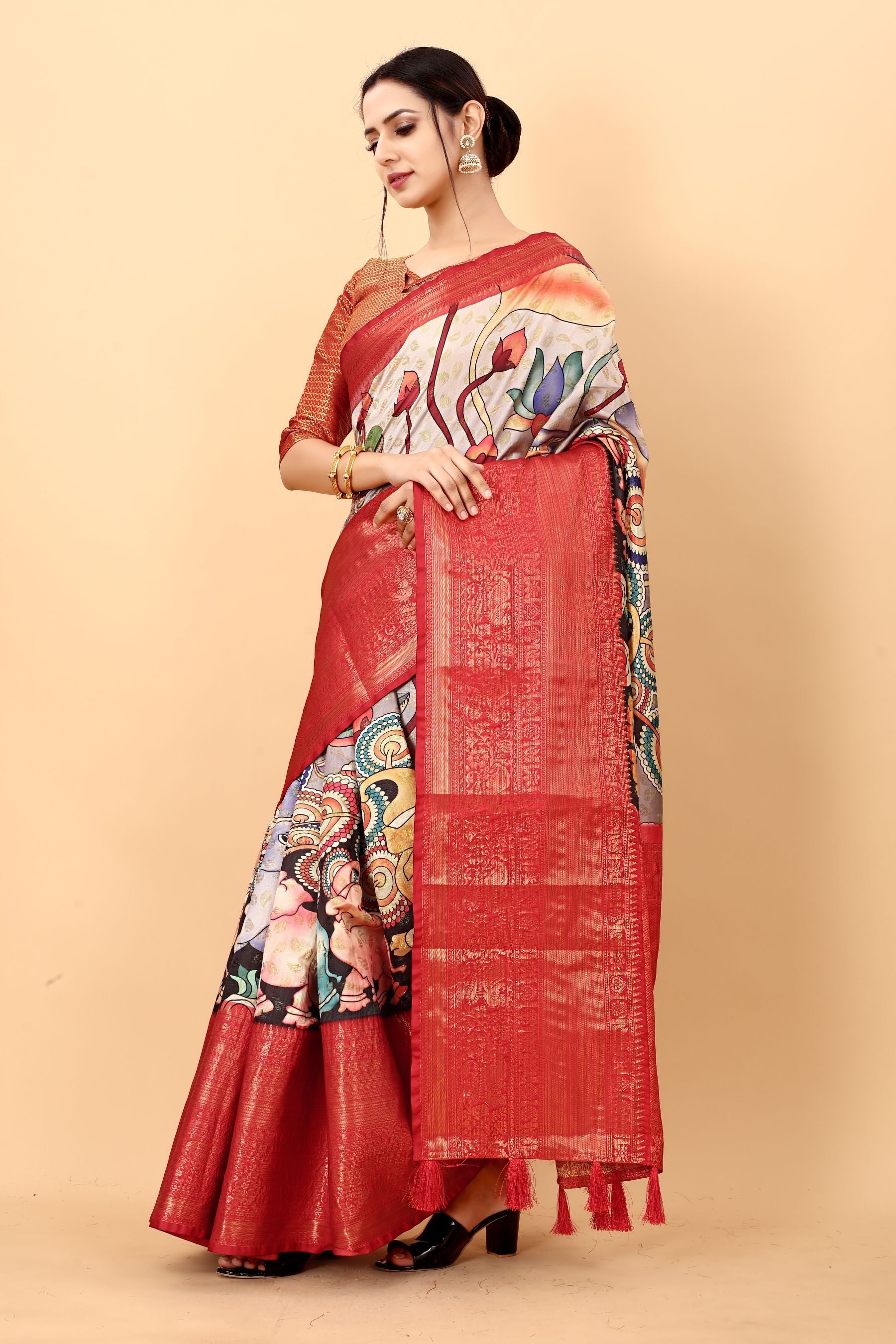 Designer Beige Kalamkari Printed Saree With Unique Blouse Piece