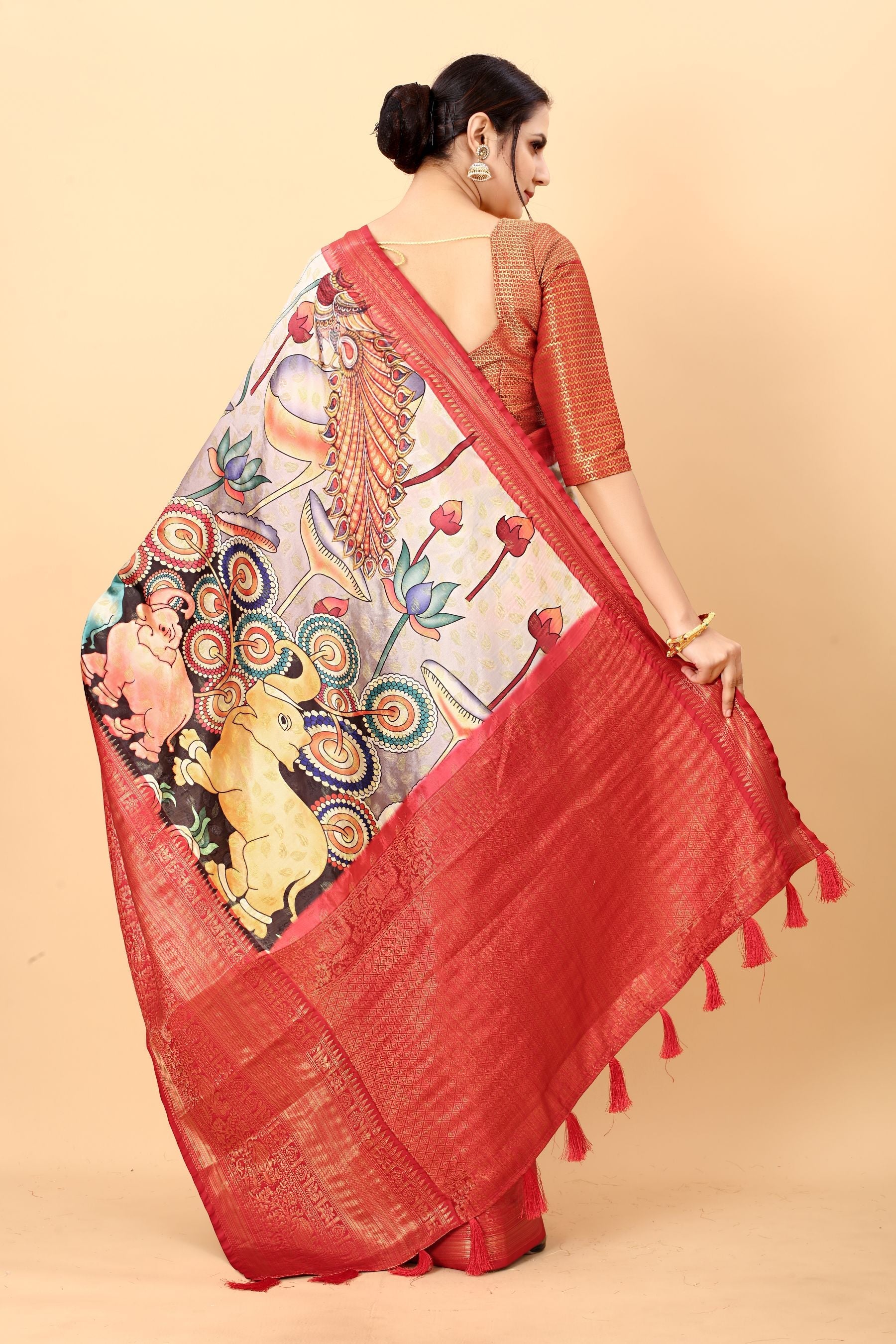 Designer Beige Kalamkari Printed Saree With Unique Blouse Piece