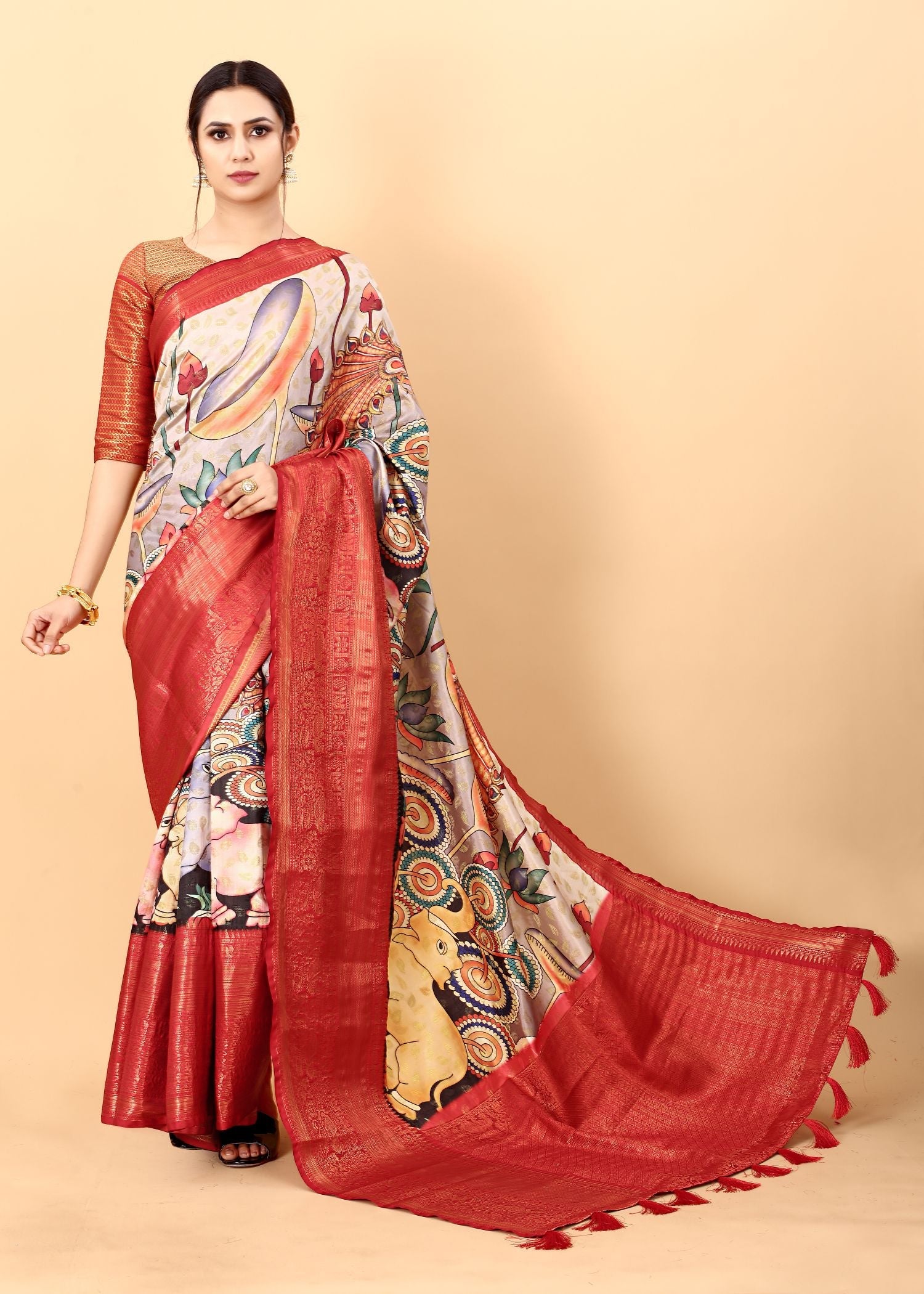 Designer Beige Kalamkari Printed Saree With Unique Blouse Piece