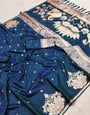 Rhapsody Teal Blue Soft Banarasi Satin Silk Saree With Super extravagant Blouse