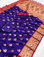 Breathtaking Navy Blue Paithani Silk Saree With Gossamer Blouse Piece