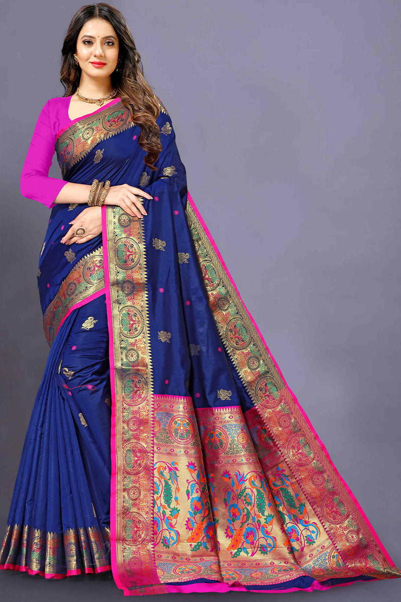 Opulent Blue Paithani Silk Saree With Designer Blouse Piece