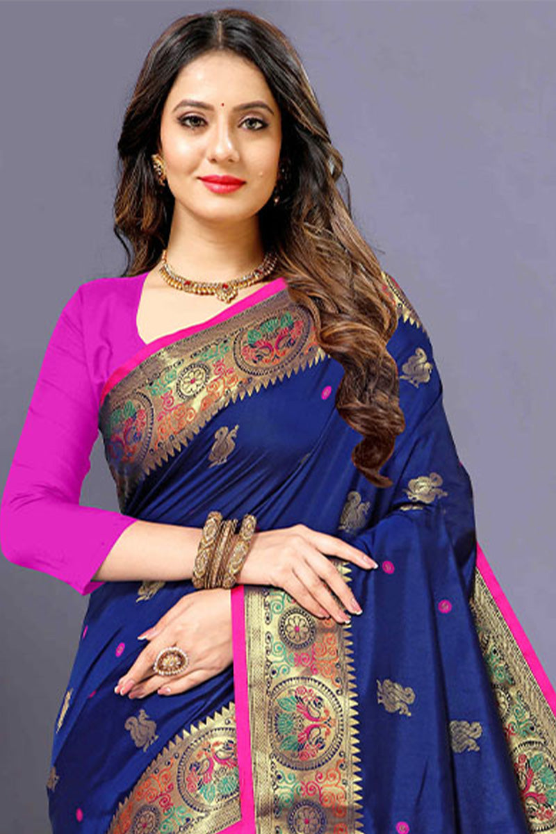 Opulent Blue Paithani Silk Saree With Designer Blouse Piece