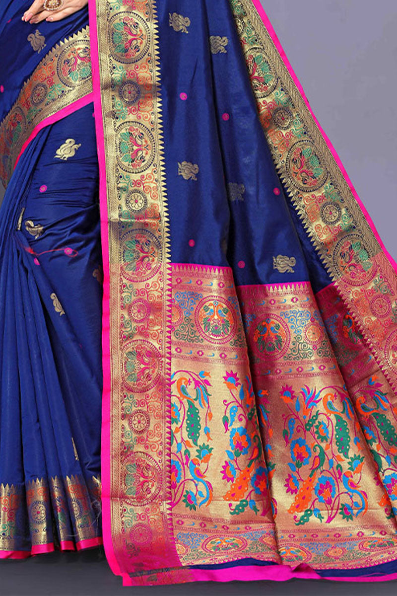 Opulent Blue Paithani Silk Saree With Designer Blouse Piece