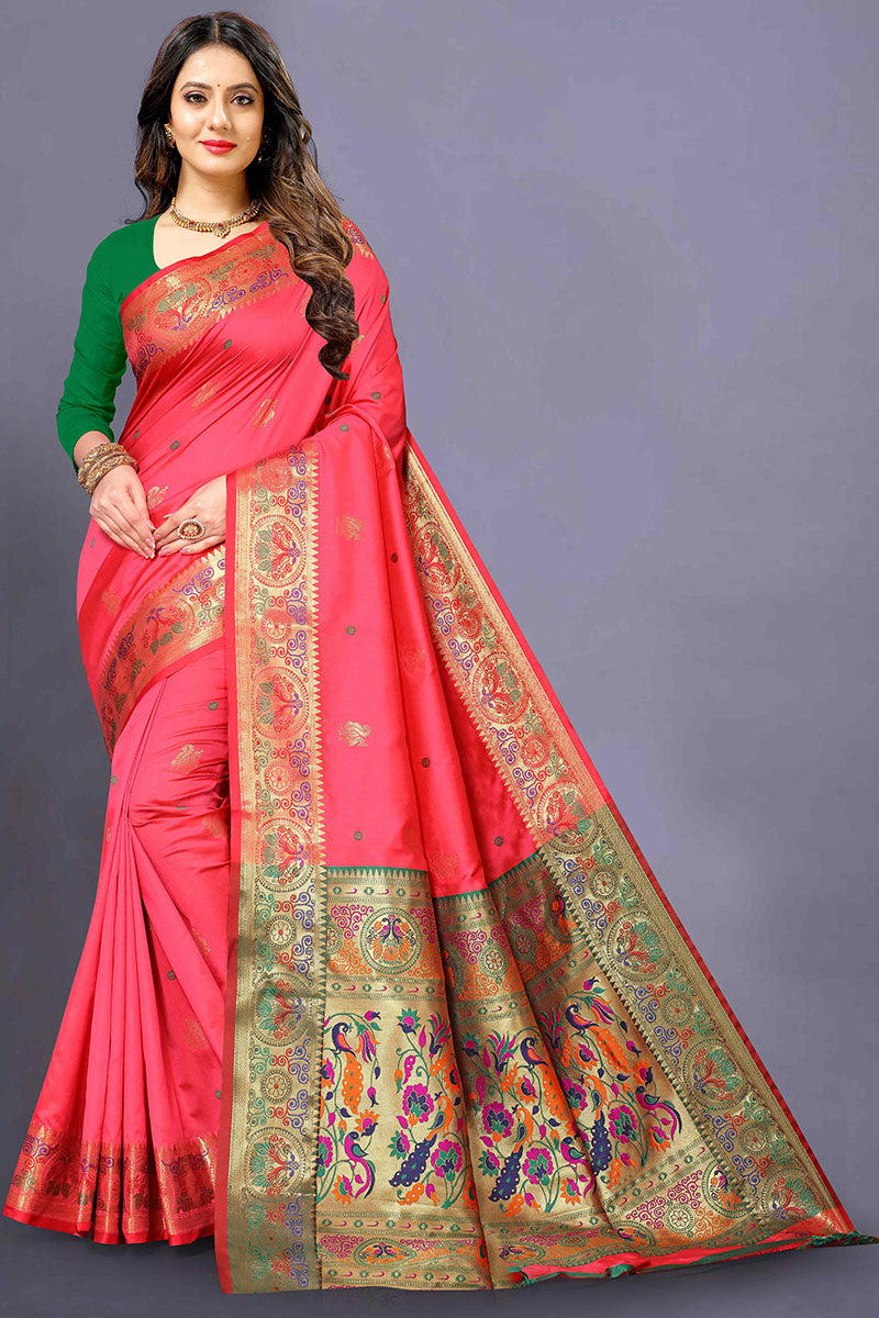 Radiant Pink Paithani Silk Saree With Impressive Blouse Piece