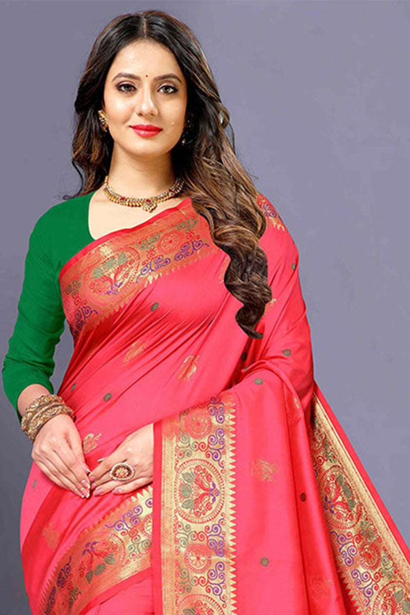 Radiant Pink Paithani Silk Saree With Impressive Blouse Piece