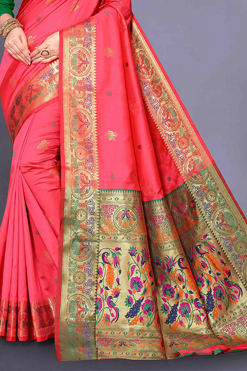 Radiant Pink Paithani Silk Saree With Impressive Blouse Piece