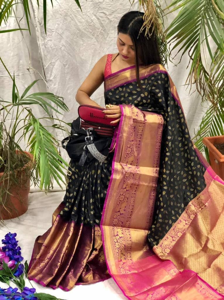 Profuse Black Banarasi Silk Saree With Felicitous Blouse Piece