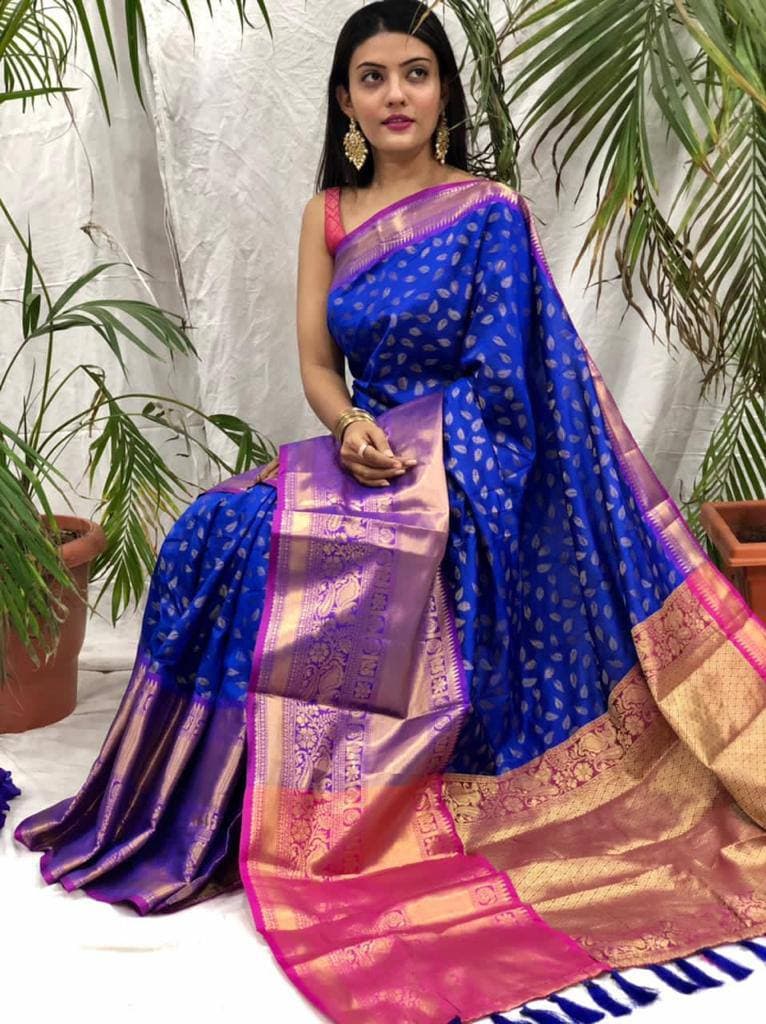 Improbable Blue Banarasi Silk Saree With Symmetrical Blouse Piece