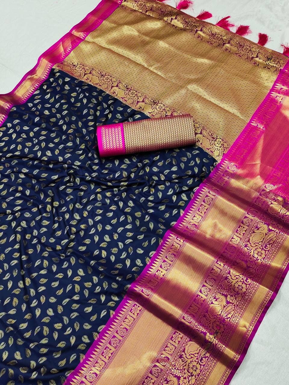 Dalliance Navy Blue Banarasi Silk Saree With Mellifluous Blouse Piece