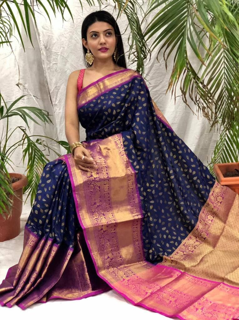 Dalliance Navy Blue Banarasi Silk Saree With Mellifluous Blouse Piece