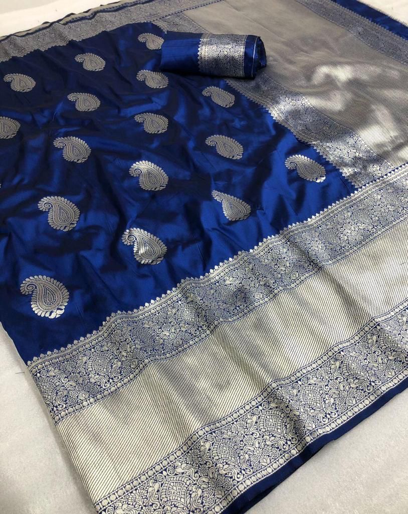 Tremendous Blue Banarasi Silk Saree With Enchanting Blouse Piece